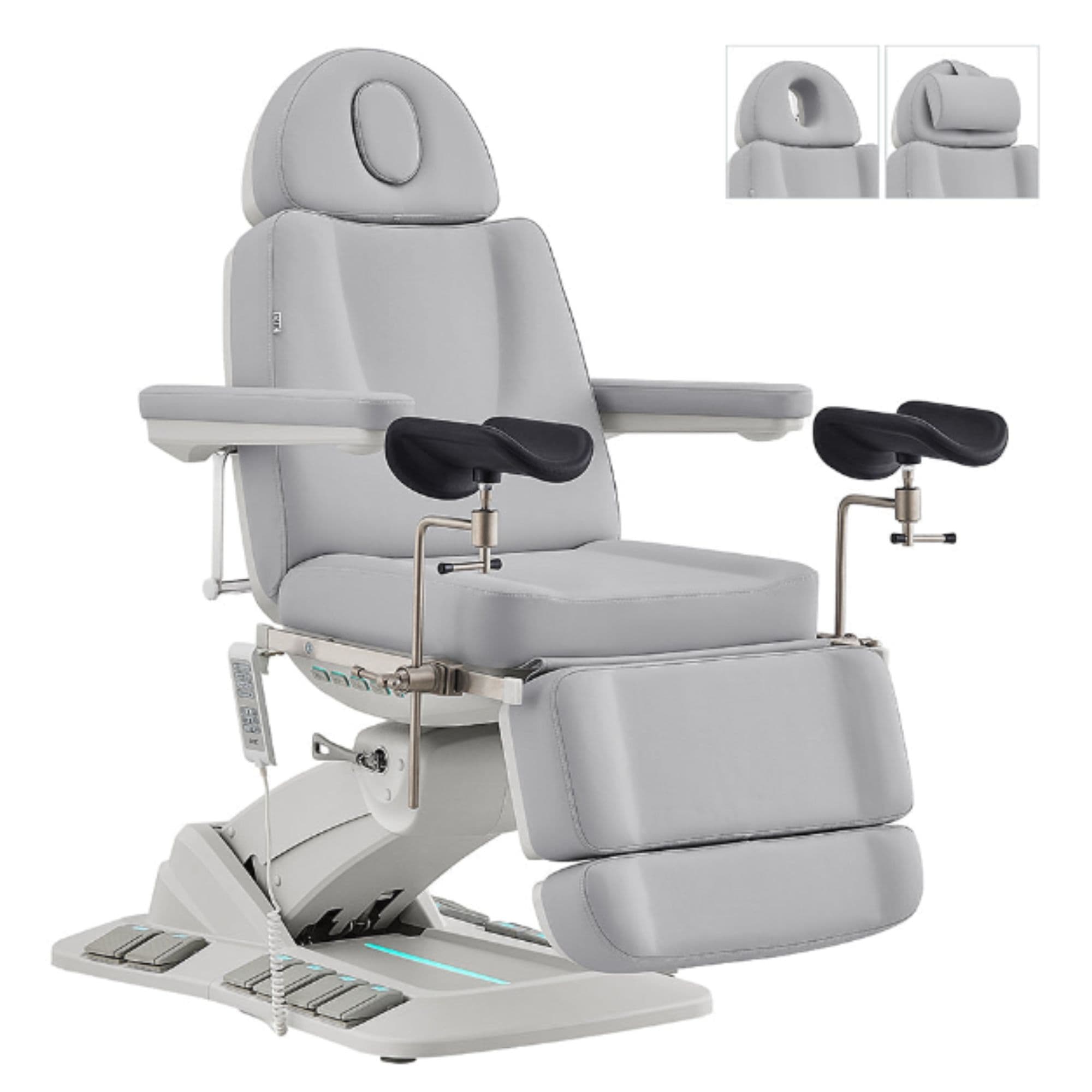 DIR Geneva 4-Motors Exam Table with Stirrups - OB GYN Gray Front Angled View With LED Base Lighting On White Background