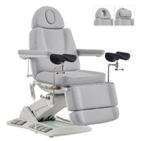 Thumbnail for DIR Geneva 4-Motors Exam Table with Stirrups - OB GYN Gray Front Angled View With LED Base Lighting On White Background