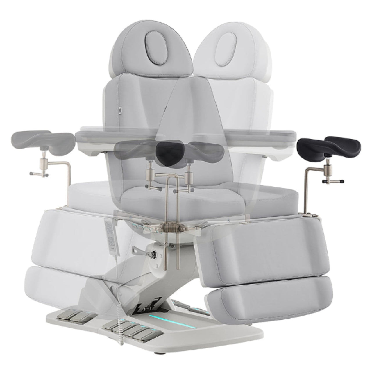 DIR Geneva 4-Motors Exam Table with Stirrups - OB GYN Gray Front View With Swivel Rotation Demonstration On White Background