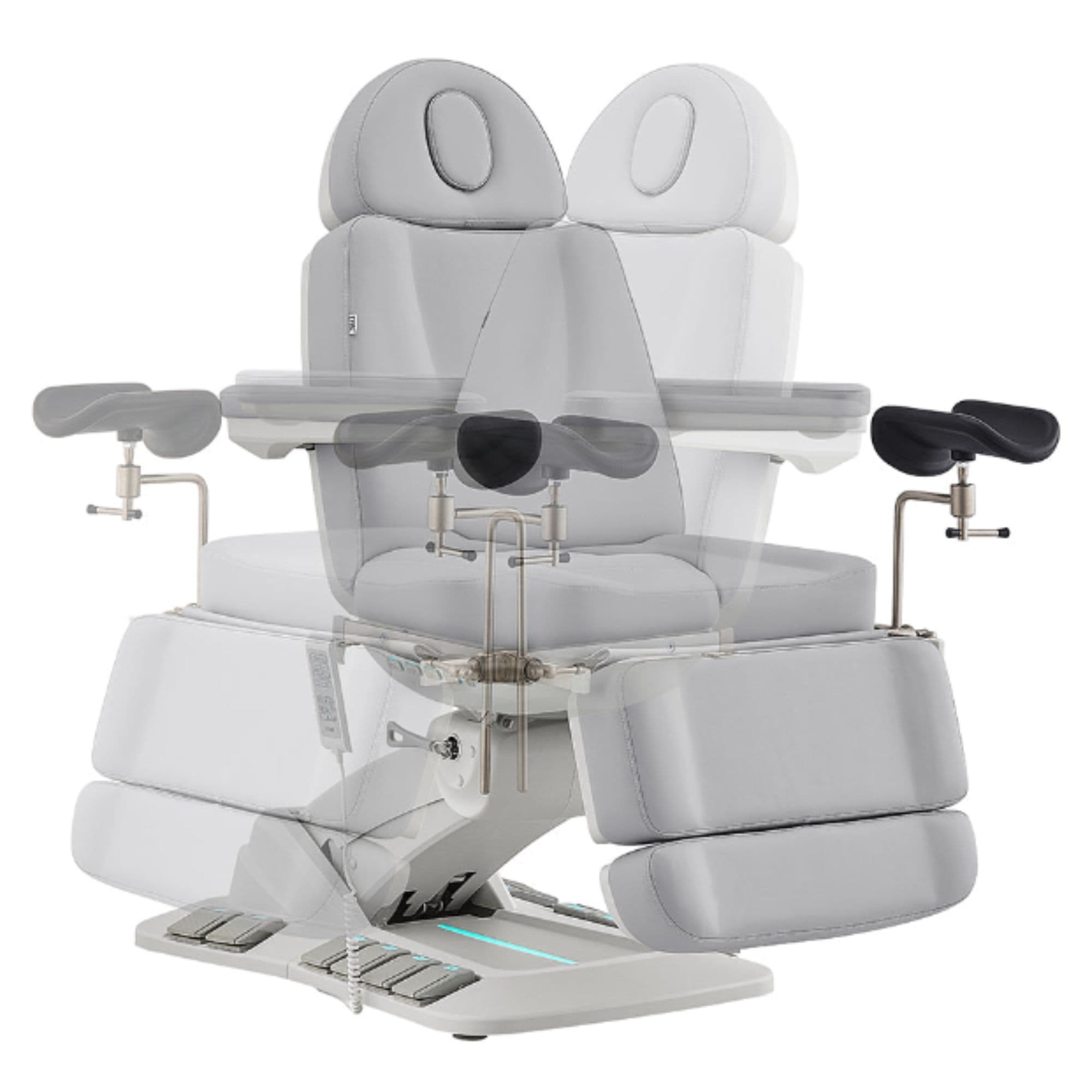 DIR Geneva 4-Motors Exam Table with Stirrups - OB GYN Gray Front View With Swivel Rotation Demonstration On White Background