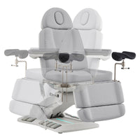 Thumbnail for DIR Geneva 4-Motors Exam Table with Stirrups - OB GYN Gray Front View With Swivel Rotation Demonstration On White Background