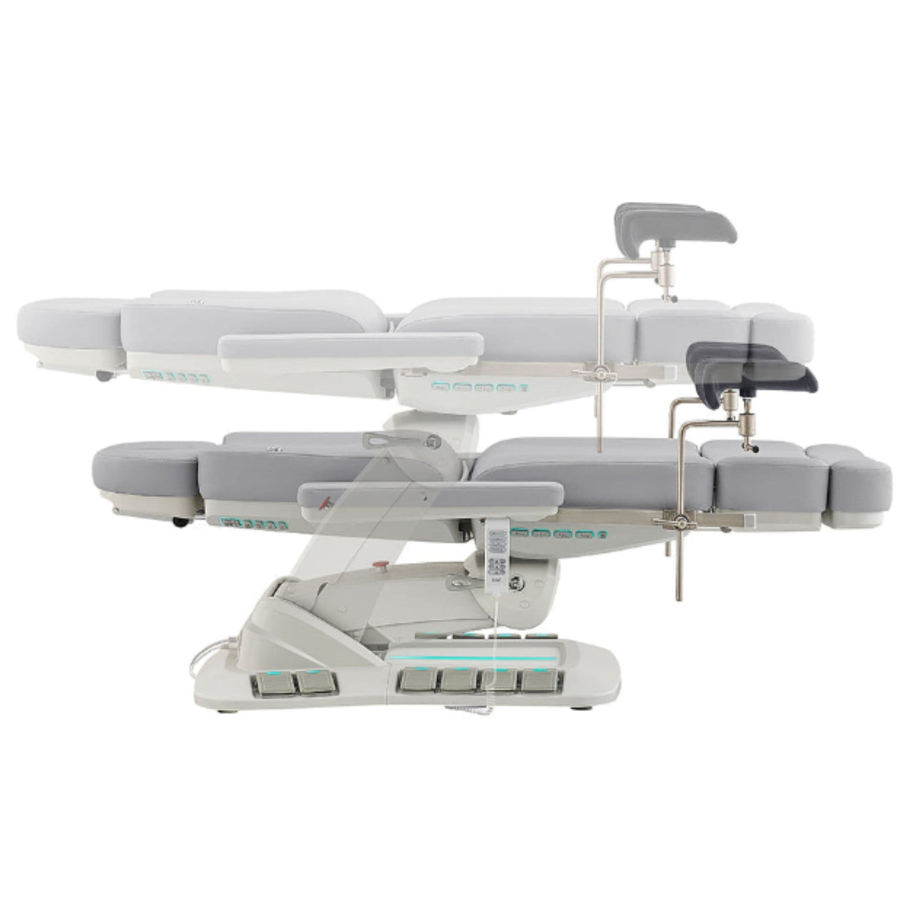 DIR Geneva 4-Motors Exam Table with Stirrups - OB GYN Gray Side View And Fully Reclined Demonstrating An Up And Down Adjustment On White Background