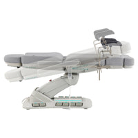 Thumbnail for DIR Geneva 4-Motors Exam Table with Stirrups - OB GYN Gray Side View Demonstrating Adjustable Stirrup And Leg Section Positions On White Background