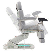 Thumbnail for DIR Geneva 4-Motors Exam Table with Stirrups - OB GYN Gray Side View Demonstrating Chair And Stirrup Adjustment Positions On White Background