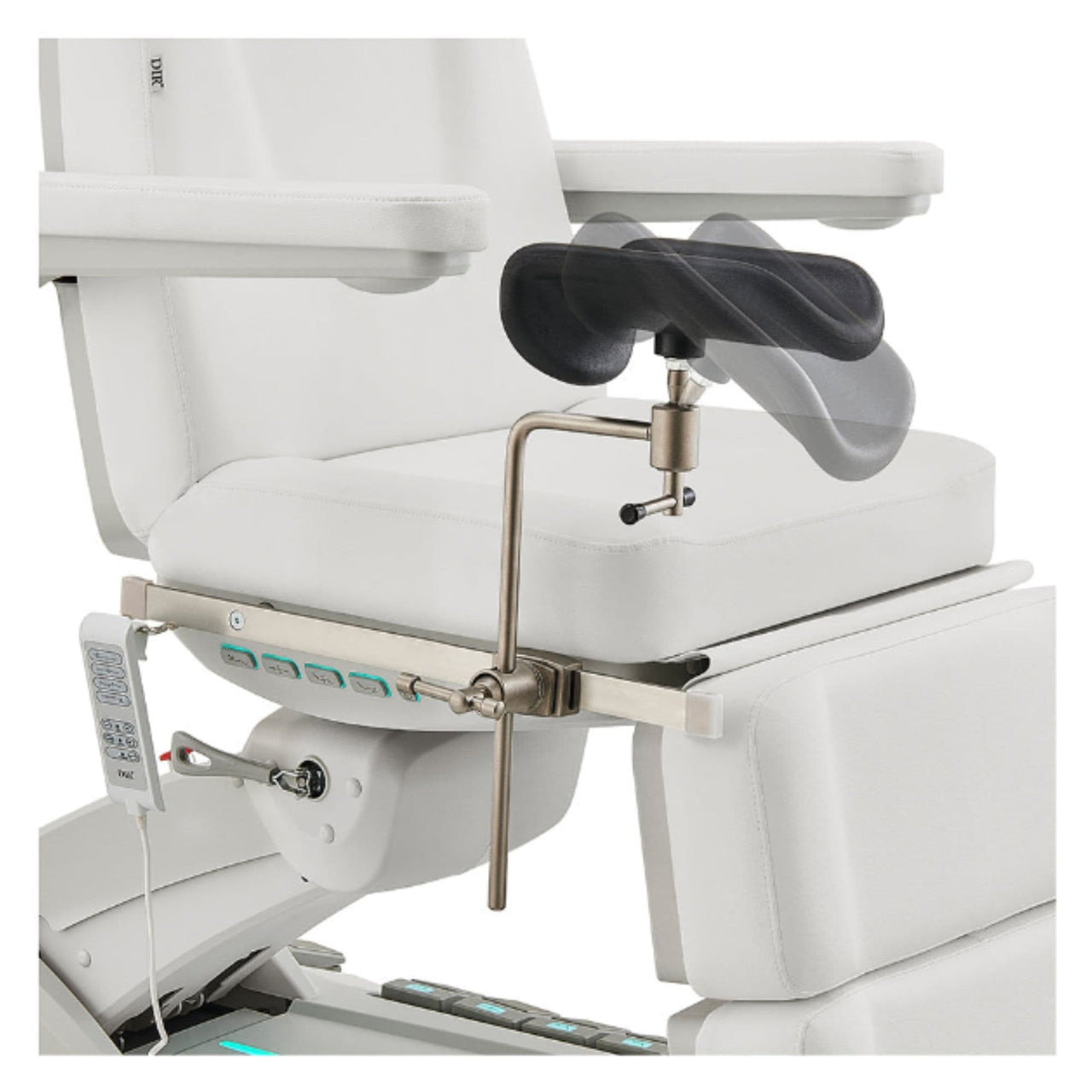 DIR Geneva 4-Motors Exam Table with Stirrups - OB GYN White Close-Up View Of Pivoting Stirrup Support Adjustment