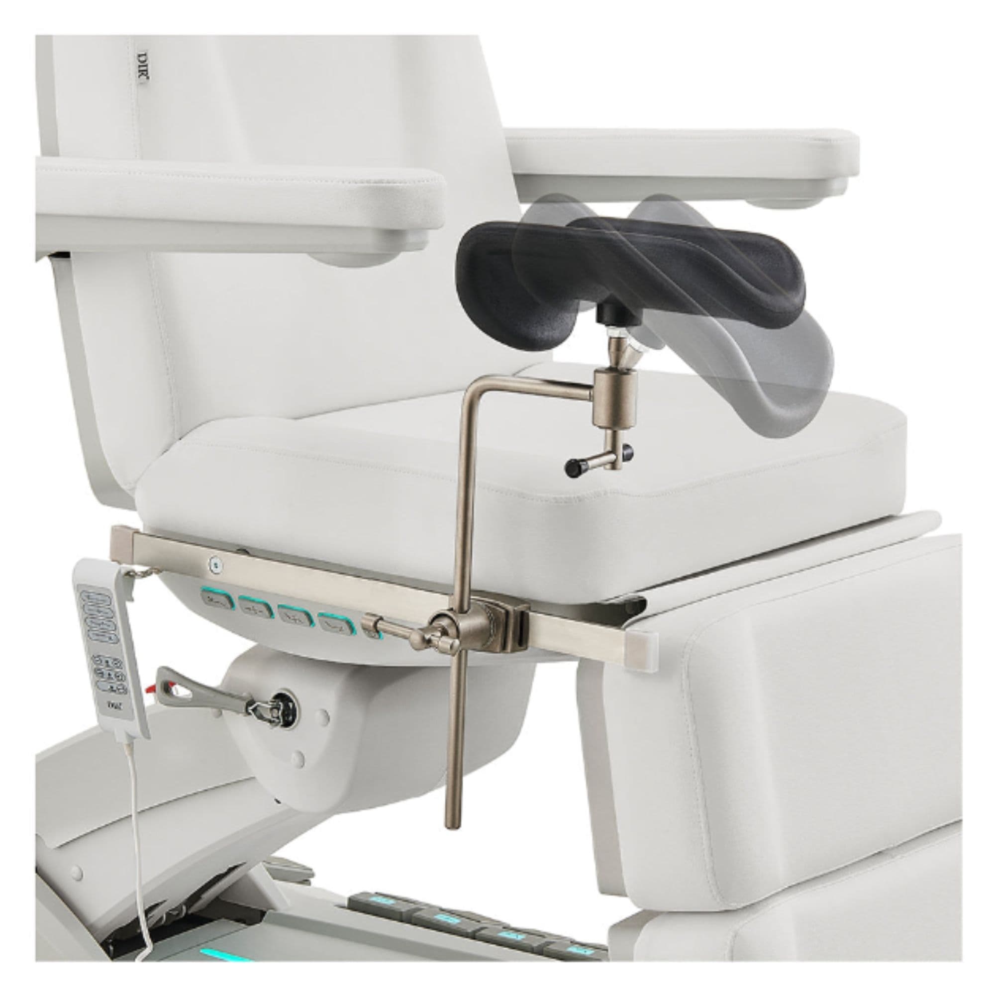 DIR Geneva 4-Motors Exam Table with Stirrups - OB GYN White Close-Up View Of Pivoting Stirrup Support Adjustment