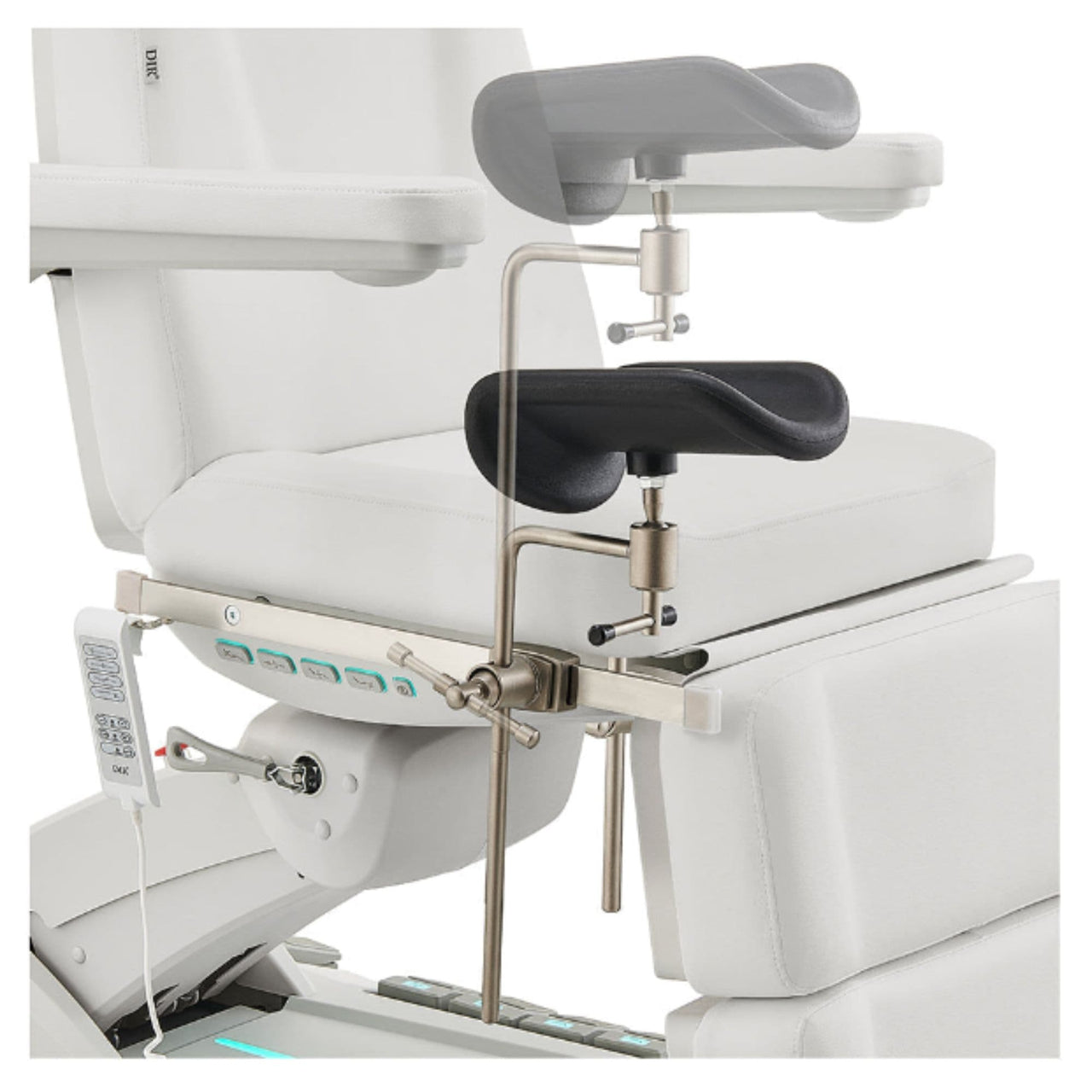 DIR Geneva 4-Motors Exam Table with Stirrups - OB GYN White Close-Up View Showing Adjustable Stirrup Positions On White Background