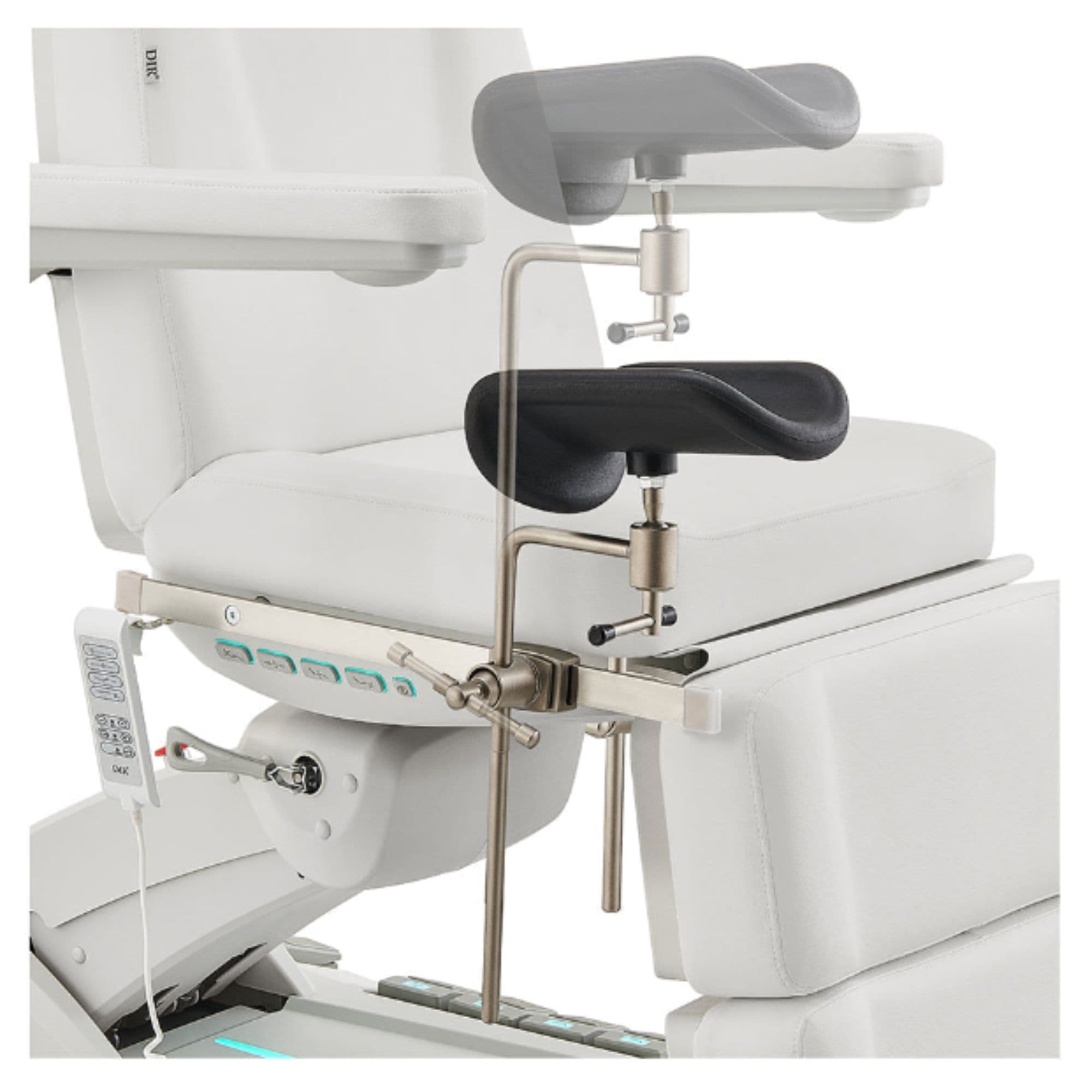 DIR Geneva 4-Motors Exam Table with Stirrups - OB GYN White Close-Up View Showing Adjustable Stirrup Positions On White Background