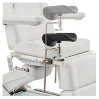 Thumbnail for DIR Geneva 4-Motors Exam Table with Stirrups - OB GYN White Close-Up View Showing Adjustable Stirrup Positions On White Background