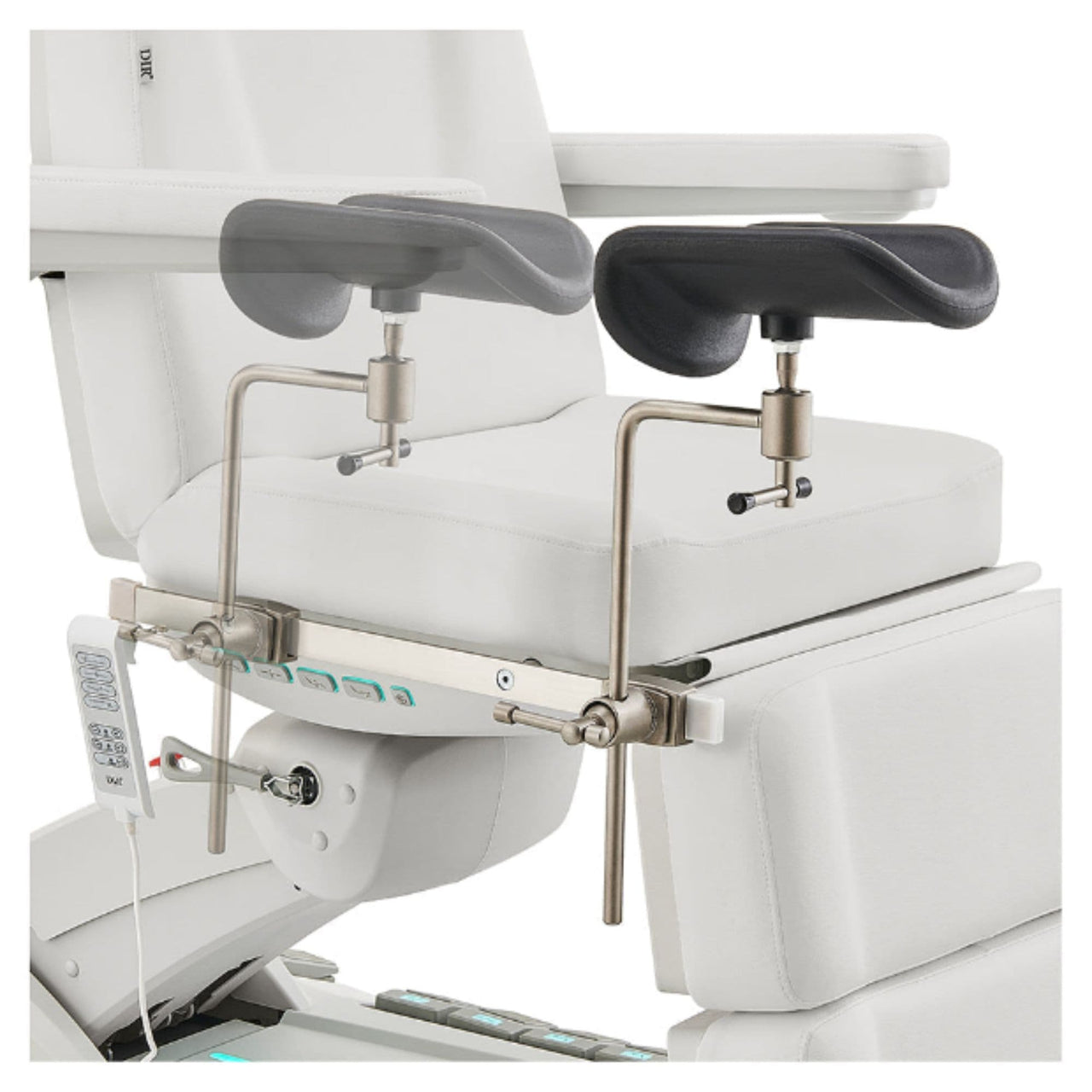 DIR Geneva 4-Motors Exam Table with Stirrups - OB GYN White Close-Up View Showing Adjustable Stirrup Width Positions On White Background