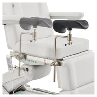 Thumbnail for DIR Geneva 4-Motors Exam Table with Stirrups - OB GYN White Close-Up View Showing Adjustable Stirrup Width Positions On White Background