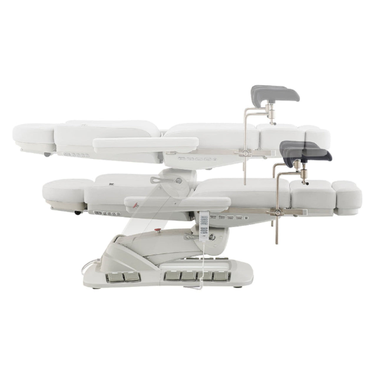 DIR Geneva 4-Motors Exam Table with Stirrups - OB GYN White Side View And Fully Reclined Demonstrating An Up And Down Adjustment On White Background