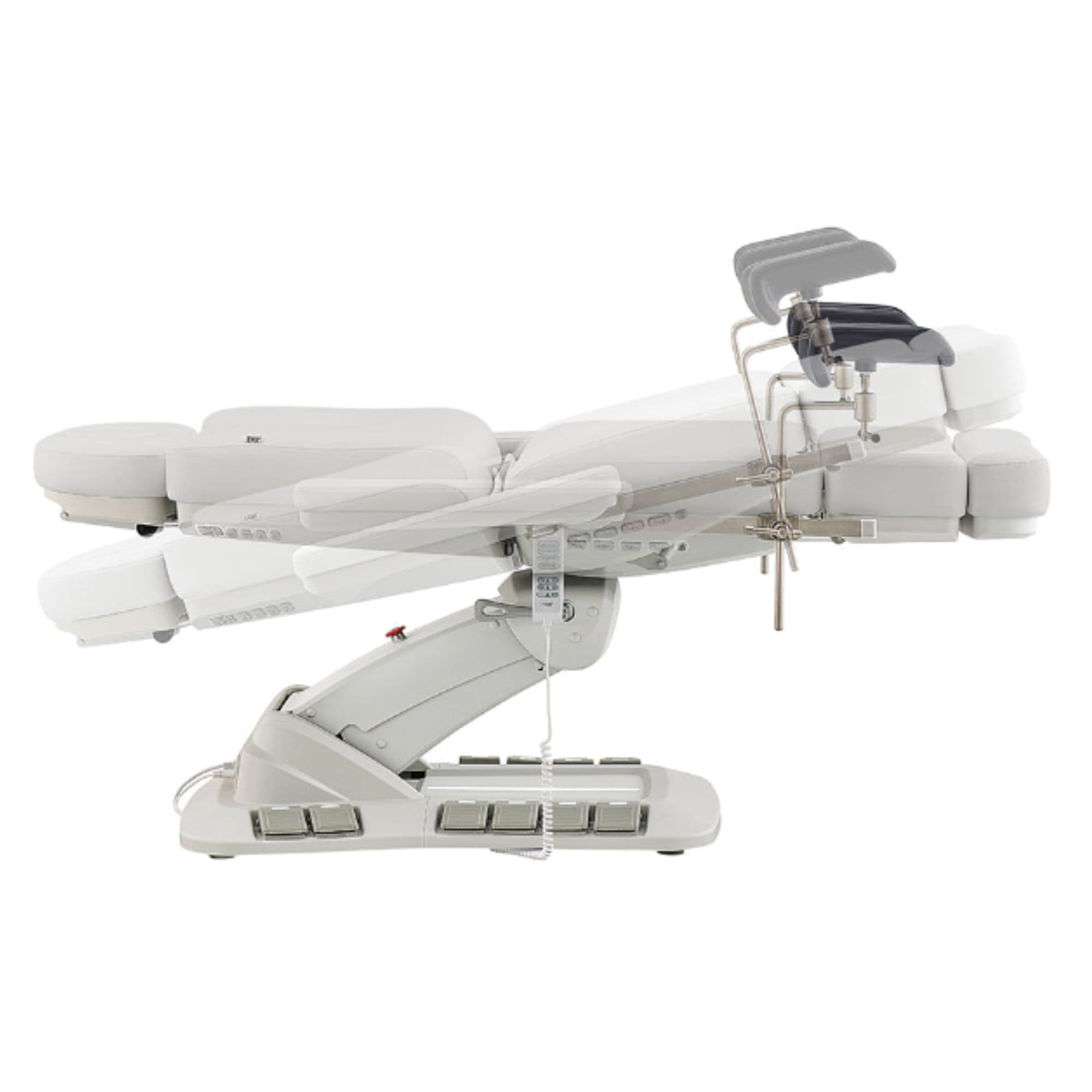 DIR Geneva 4-Motors Exam Table with Stirrups - OB GYN White Side View Demonstrating Adjustable Stirrup And Leg Section Positions On White Background