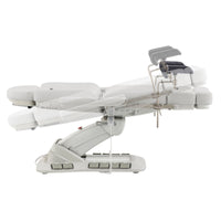 Thumbnail for DIR Geneva 4-Motors Exam Table with Stirrups - OB GYN White Side View Demonstrating Adjustable Stirrup And Leg Section Positions On White Background