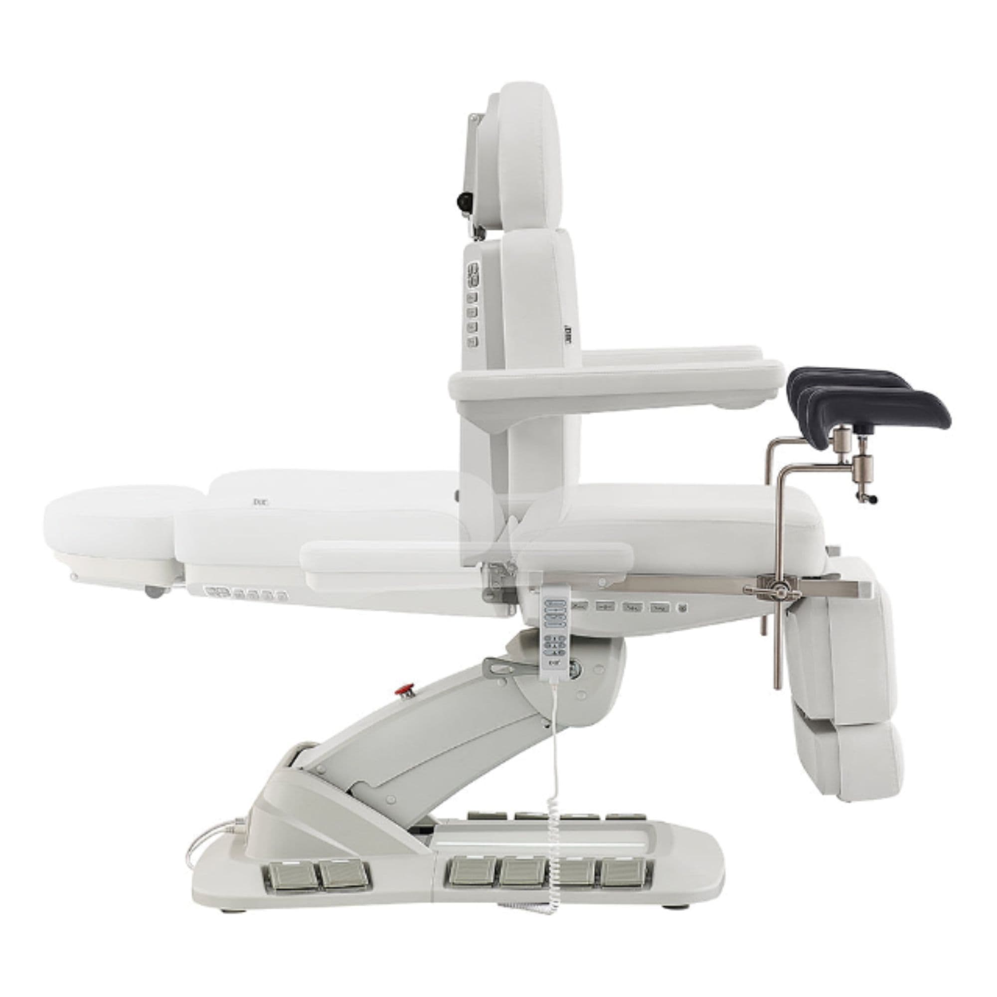 DIR Geneva 4-Motors Exam Table with Stirrups - OB GYN White Side View Demonstrating Recline Adjustment Range On White Background