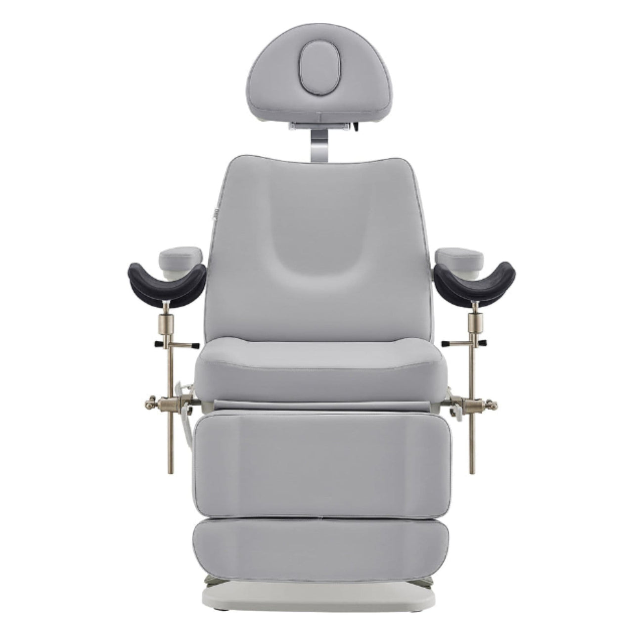 DIR Geneva 4-Motors OB GYN Exam Table with Stirrups Gray Front View With Raised Stirrups On White Background