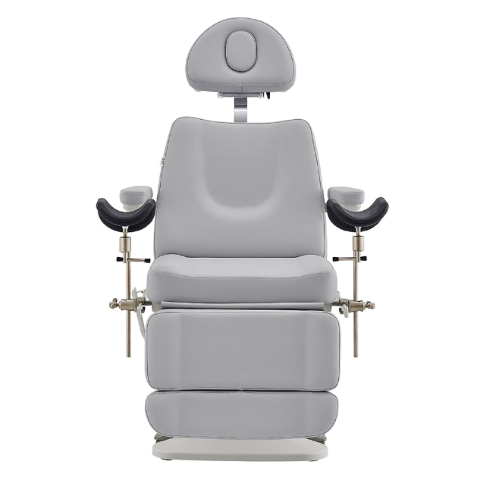 DIR Geneva 4-Motors OB GYN Exam Table with Stirrups Gray Front View With Raised Stirrups On White Background
