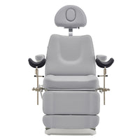 Thumbnail for DIR Geneva 4-Motors OB GYN Exam Table with Stirrups Gray Front View With Raised Stirrups On White Background