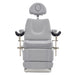 DIR Geneva 4-Motors OB GYN Exam Table with Stirrups Gray Front View With Raised Stirrups On White Background