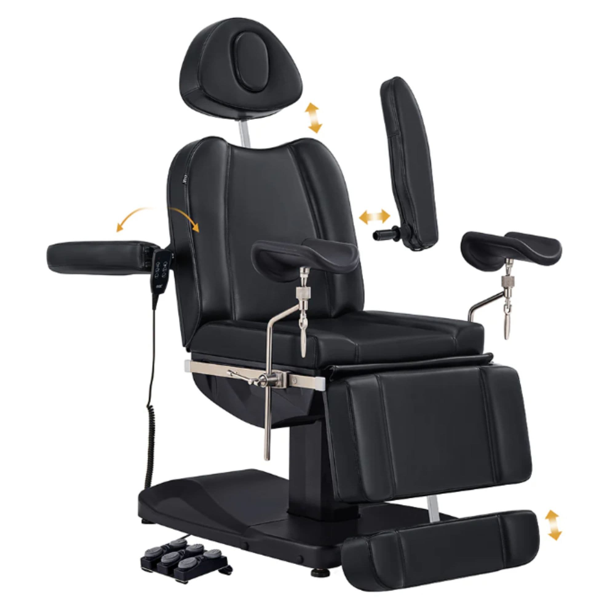 DIR Ink 3-Motor OB GYN Exam Chair Black Front Angled View Demonstrating Adjustable Chair Features On White Background