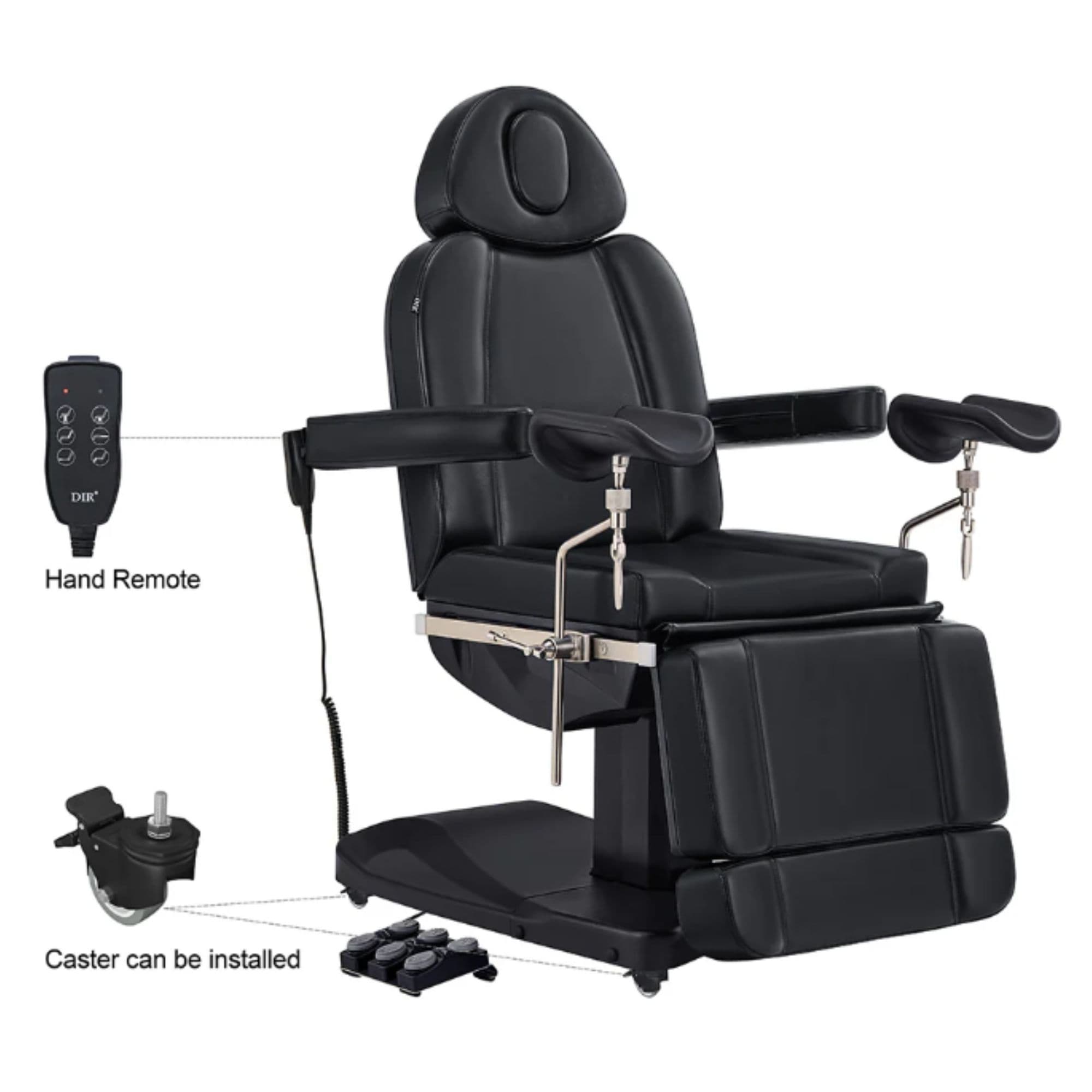 DIR Ink 3-Motor OB GYN Exam Chair Black Side View With Close-up View Of Remote Control And Caster On White Background