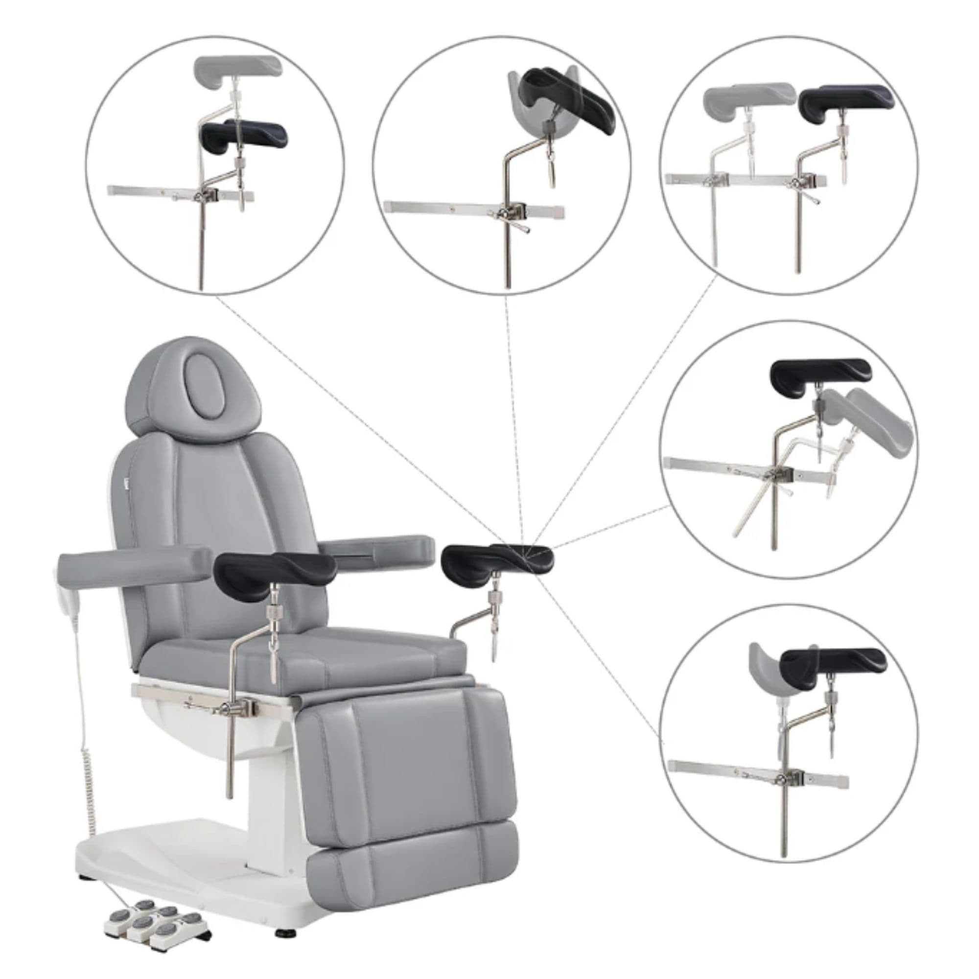 DIR Ink 3-Motor OB GYN Exam Chair Gray Front Angled View Showing Adjustable Stirrup Functions And Positions On White Background