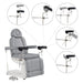 DIR Ink 3-Motor OB GYN Exam Chair Gray Front Angled View Showing Adjustable Stirrup Functions And Positions On White Background