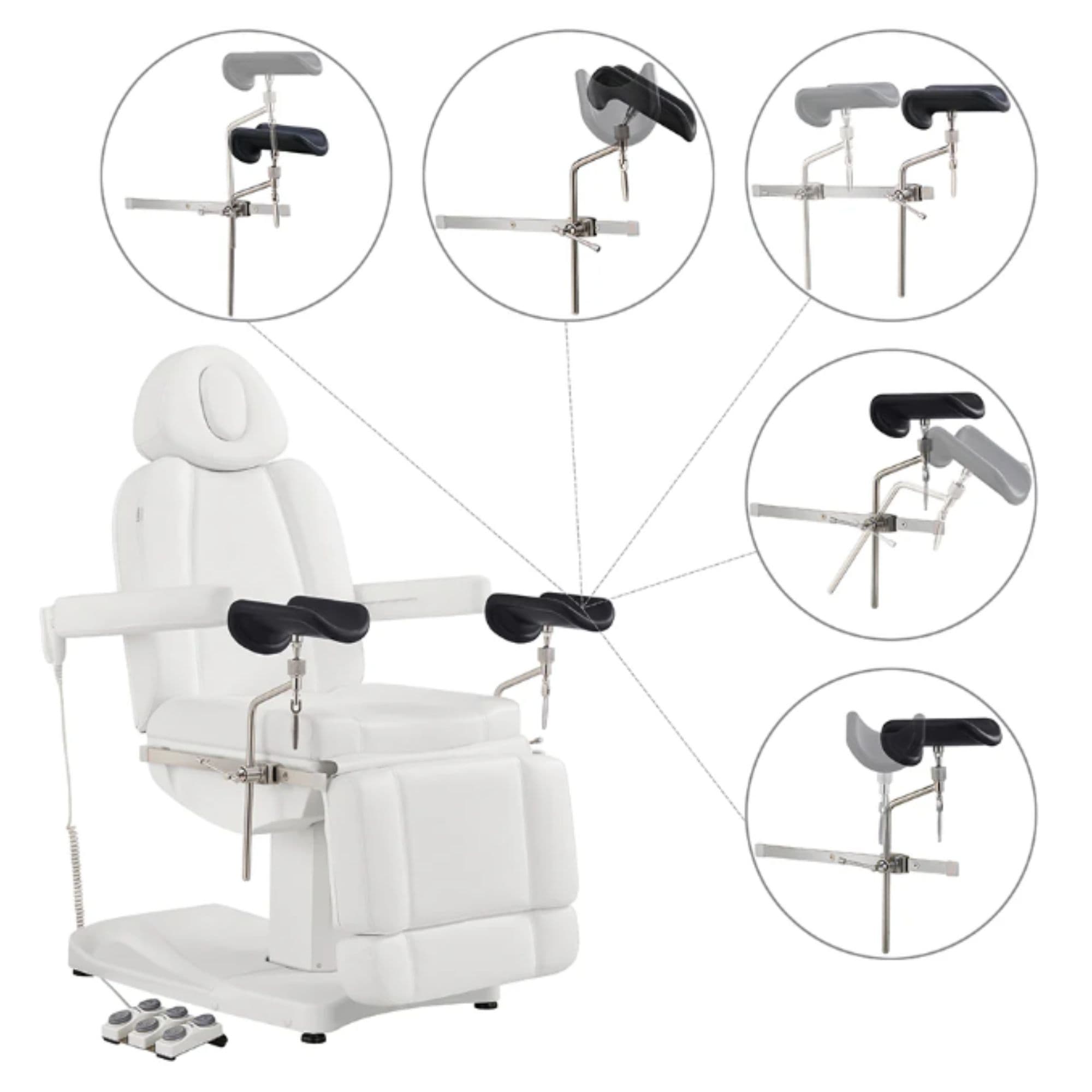 DIR Ink 3-Motor OB GYN Exam Chair White Front Angled View Showing Adjustable Stirrup Functions And Positions On White Background