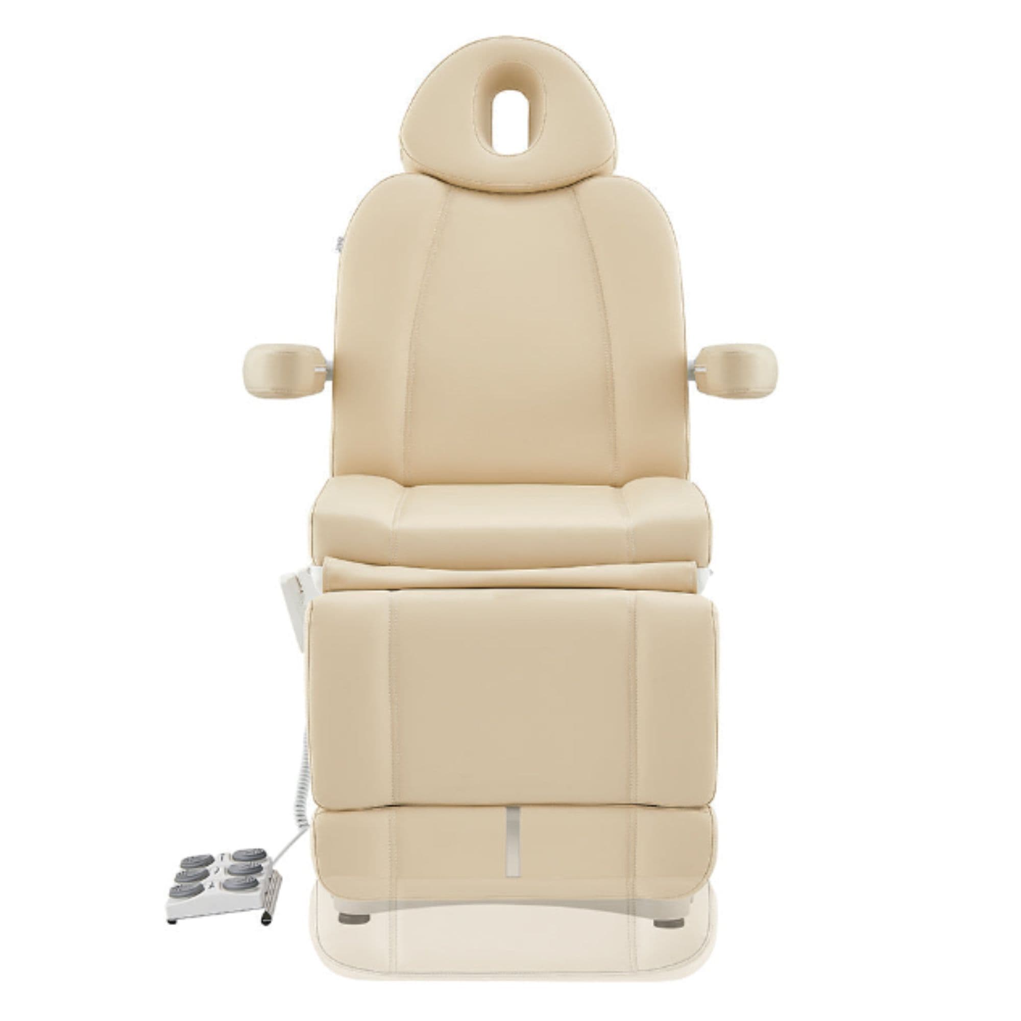DIR Ink 3-Motors Medical Spa Chair Beige Variant Front View Demonstrating Leg Rest Extension Range On White Background