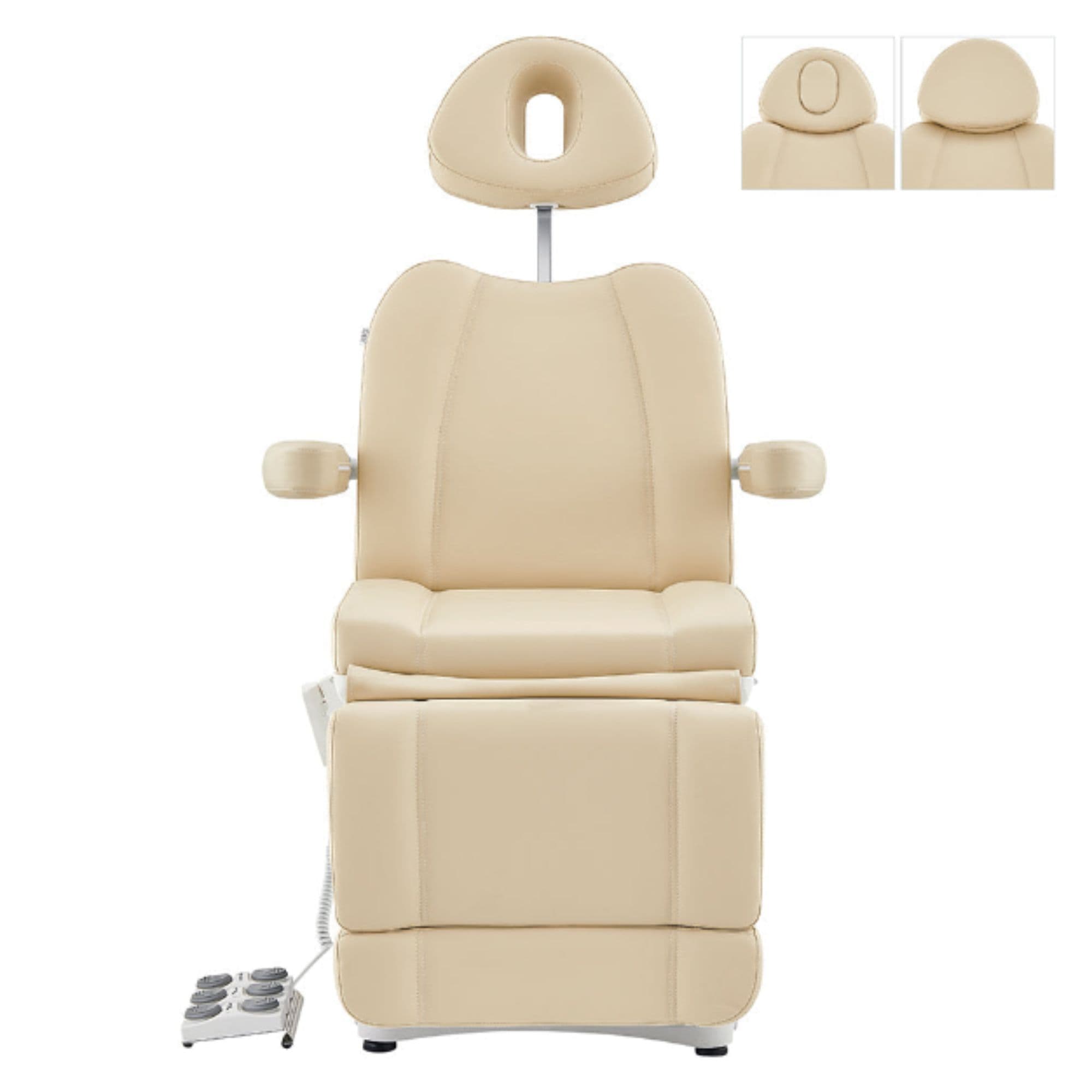 DIR Ink 3-Motors Medical Spa Chair Beige Variant Front View With Pulled out Headrest And Different Options On White Background