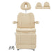 DIR Ink 3-Motors Medical Spa Chair Beige Variant Front View With Pulled out Headrest And Different Options On White Background