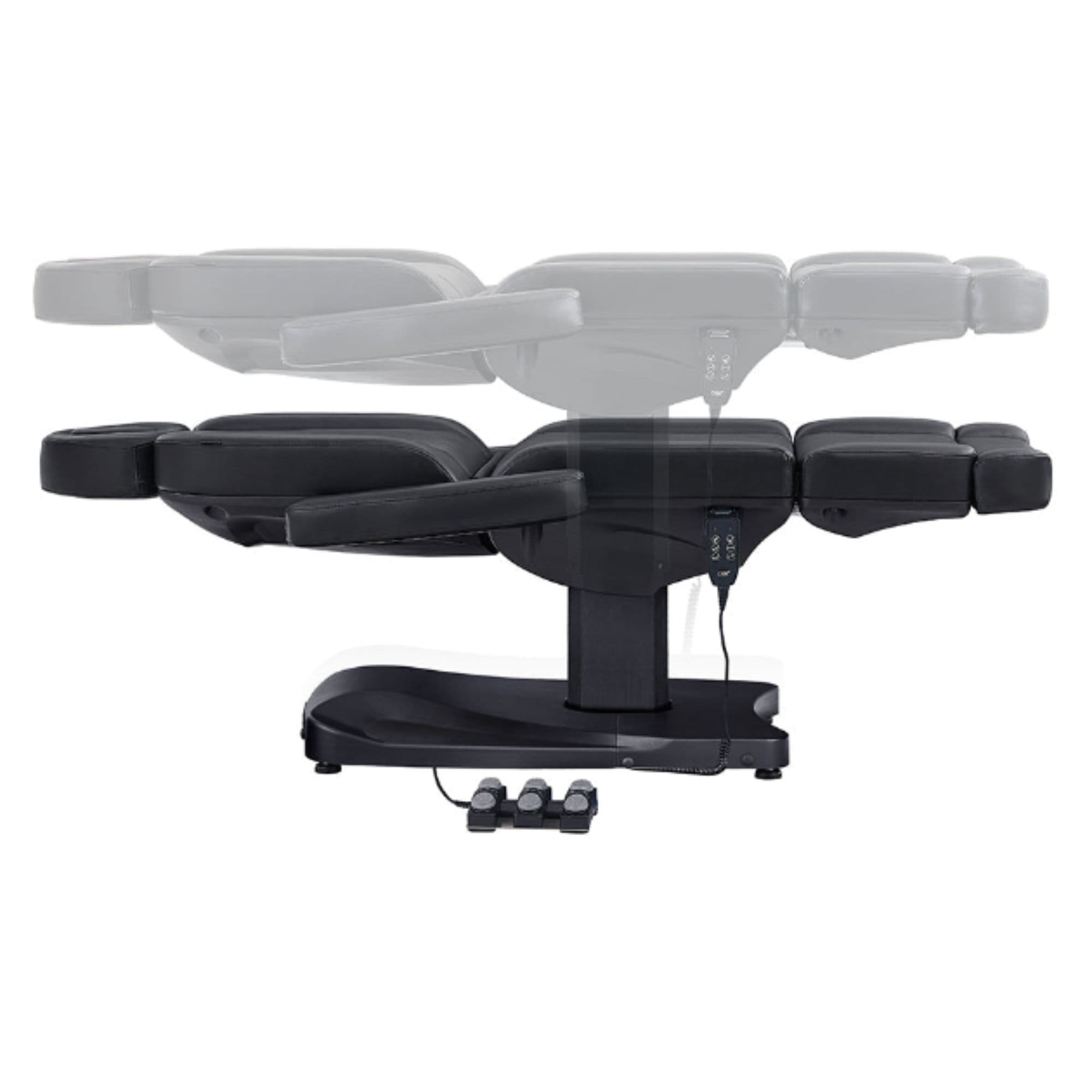 DIR Ink 3-Motors Medical Spa Chair Black Variant Side View And Fully Reclined Demonstrating An Up And Down Adjustment On White Background