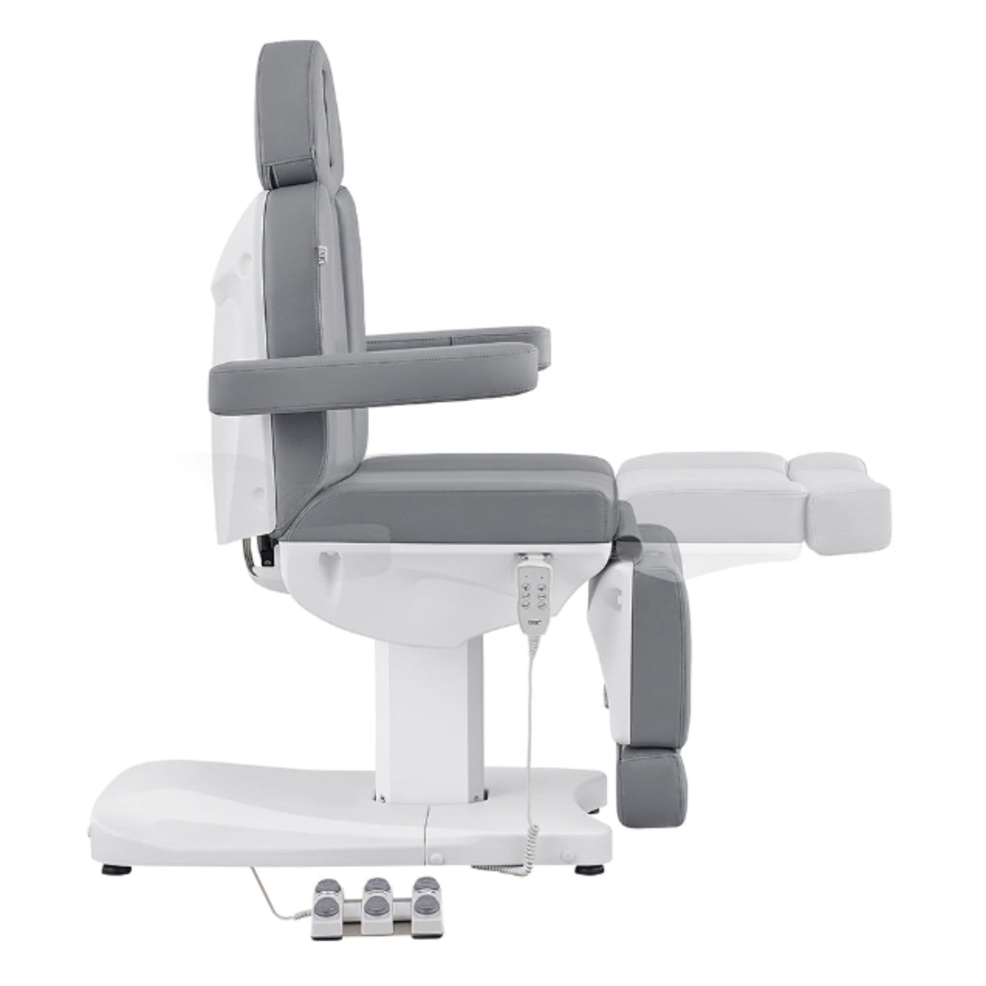 DIR Ink 3-Motors Medical Spa Chair Gray Variant Side View Showing Extendable Footrest Positions On White Background
