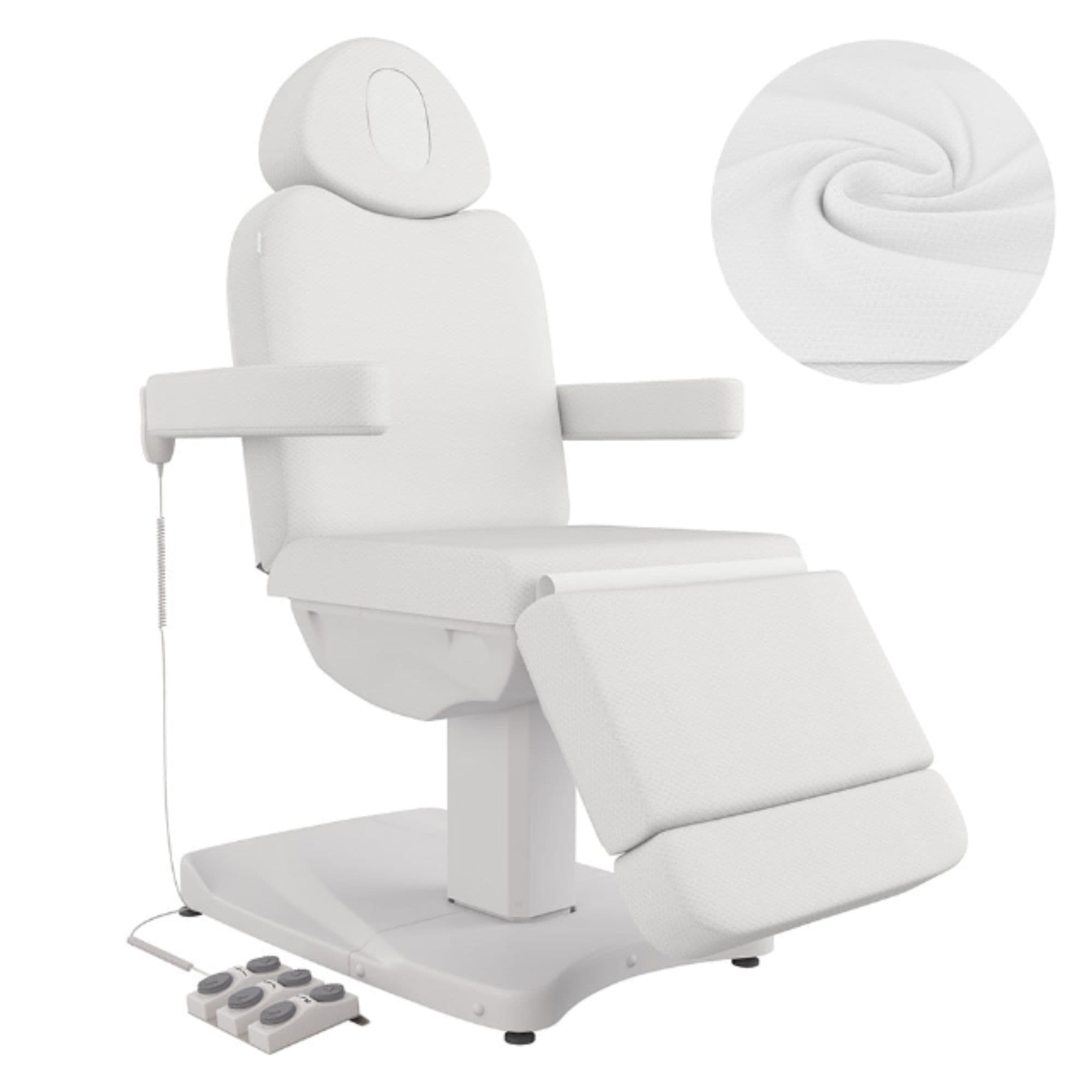 DIR Ink 3-Motors Medical Spa Chair White Variant Front Angled View With Close-up View Of Upholstery On White Background