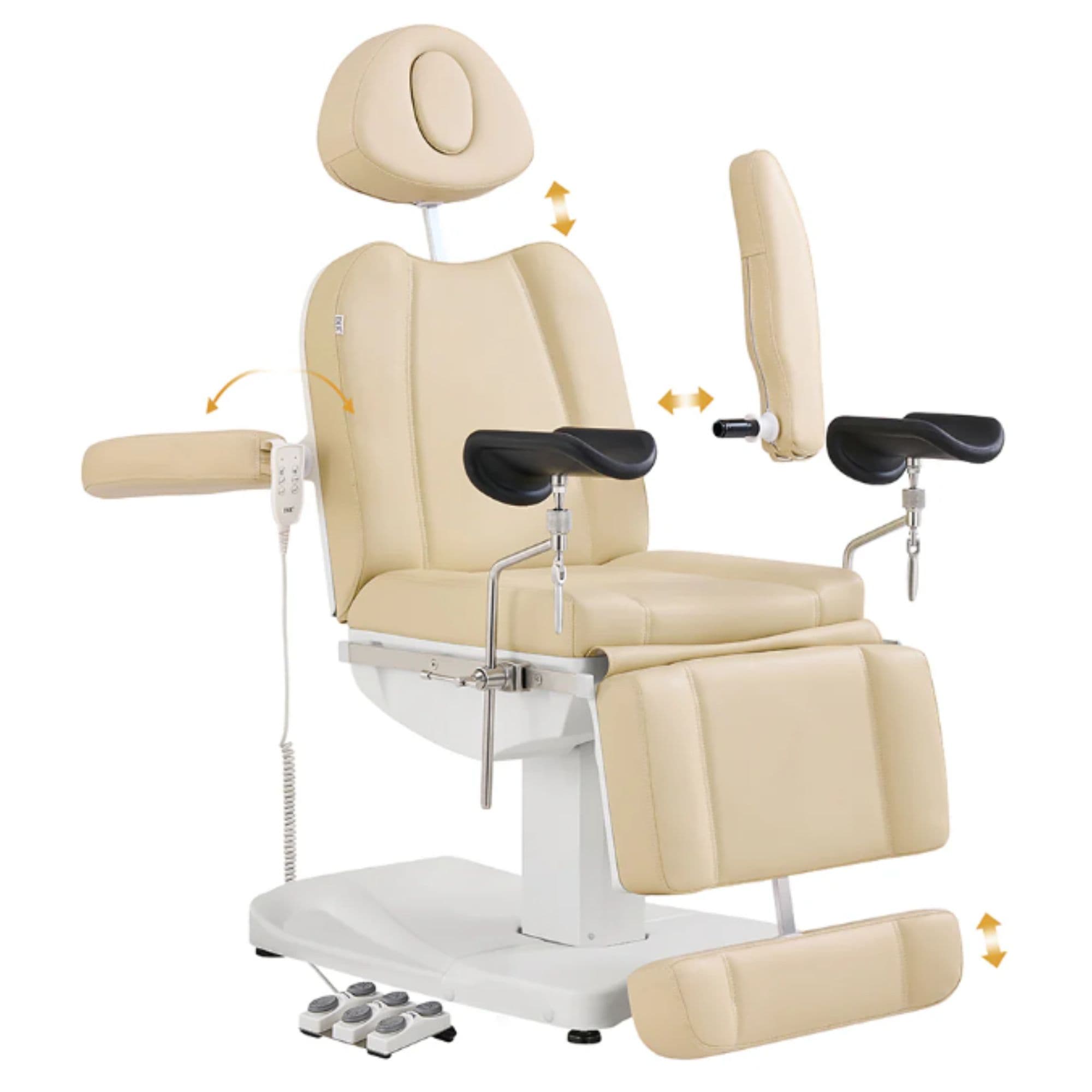 DIR Ink OB 3-Motors Gyno Chair with Stirrups - OB GYN Beige Front Angled View Demonstrating Adjustable Chair Features On White Background