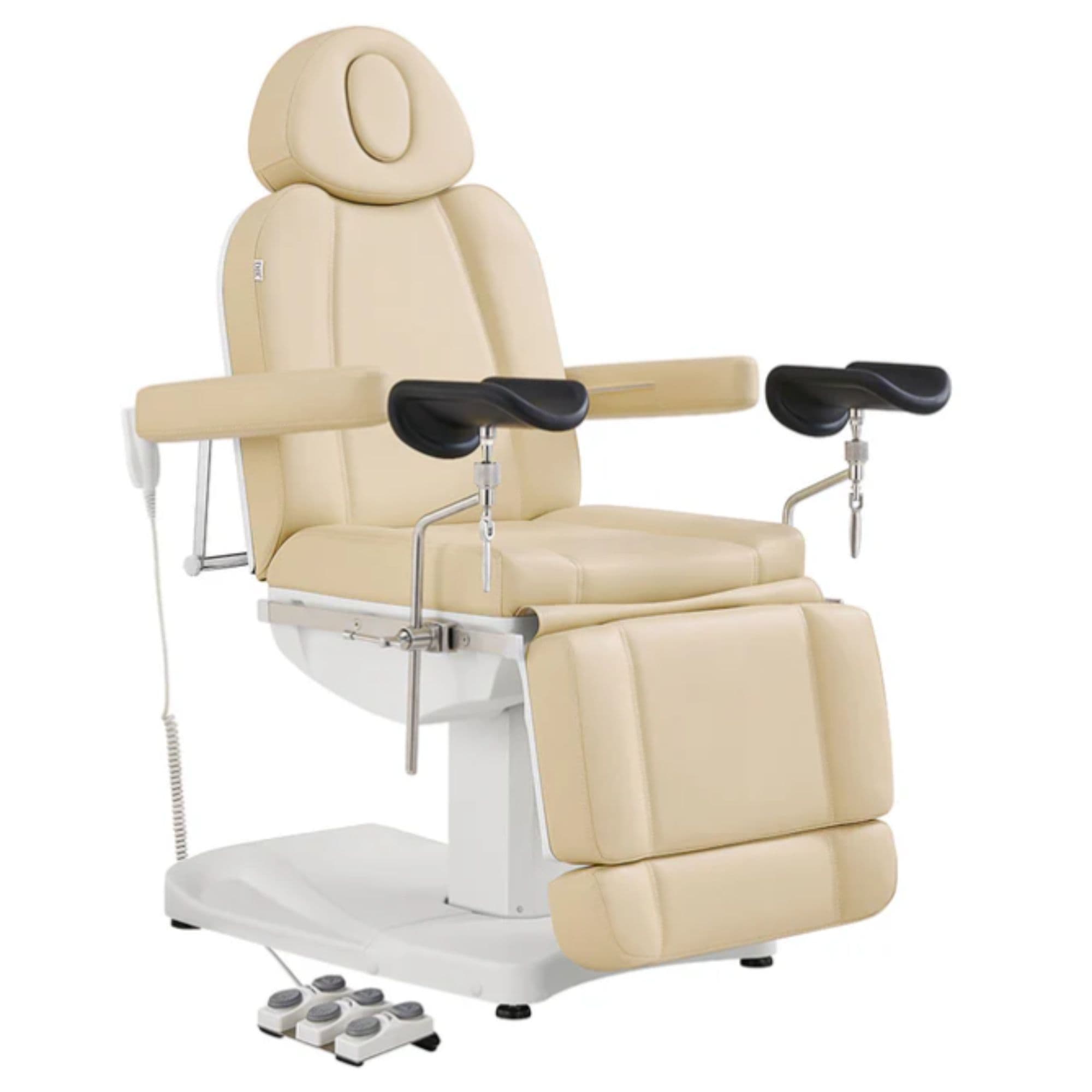 DIR Ink OB 3-Motors Gyno Chair with Stirrups - OB GYN Beige Front Angled View On White Background