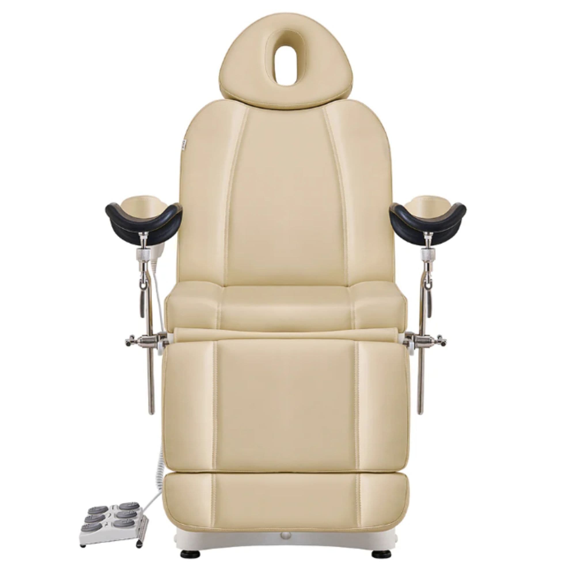 DIR Ink OB 3-Motors Gyno Chair with Stirrups - OB GYN Beige Front View With Pedal Control On White Background