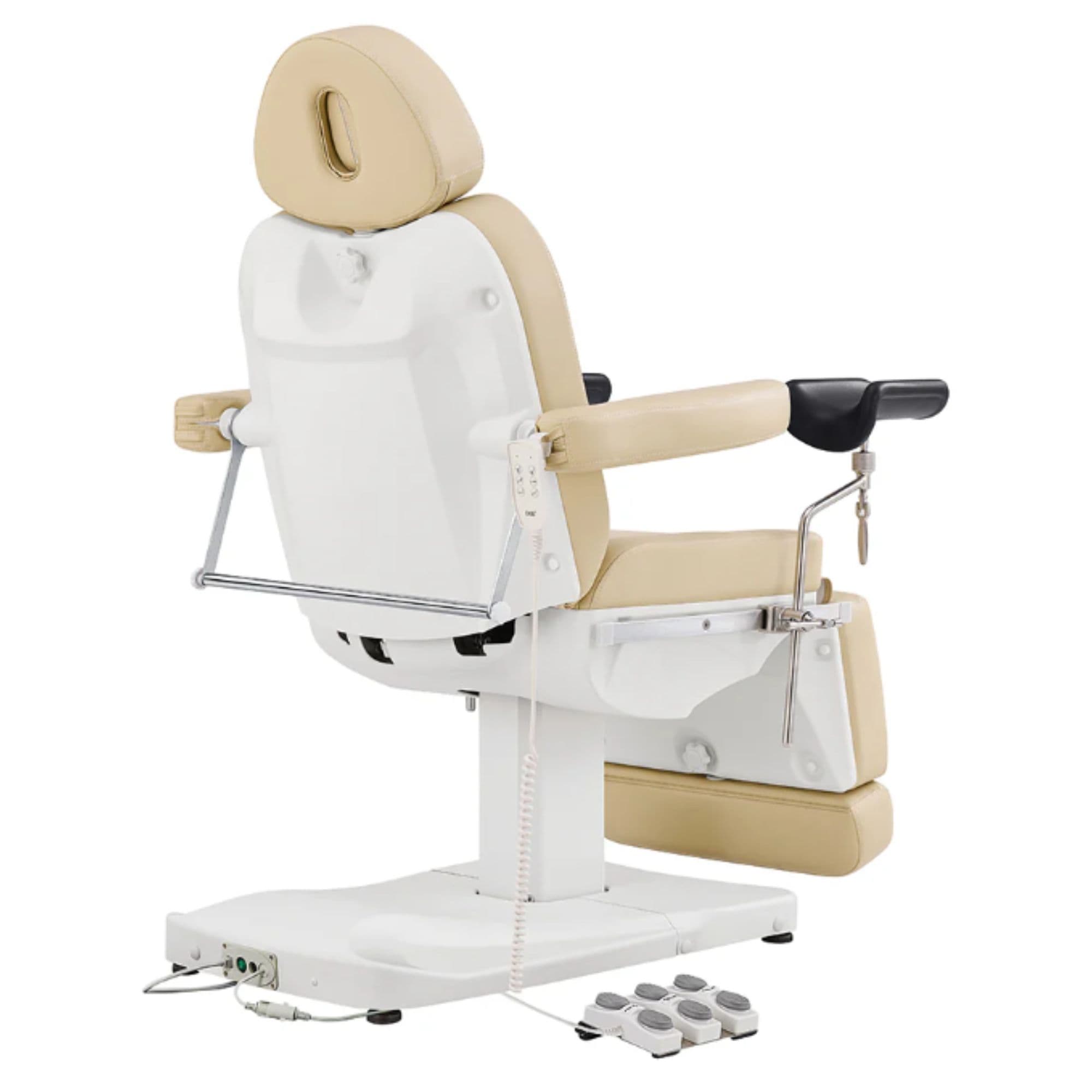 DIR Ink OB 3-Motors Gyno Chair with Stirrups - OB GYN Beige Rear View With Remote Control On White Background