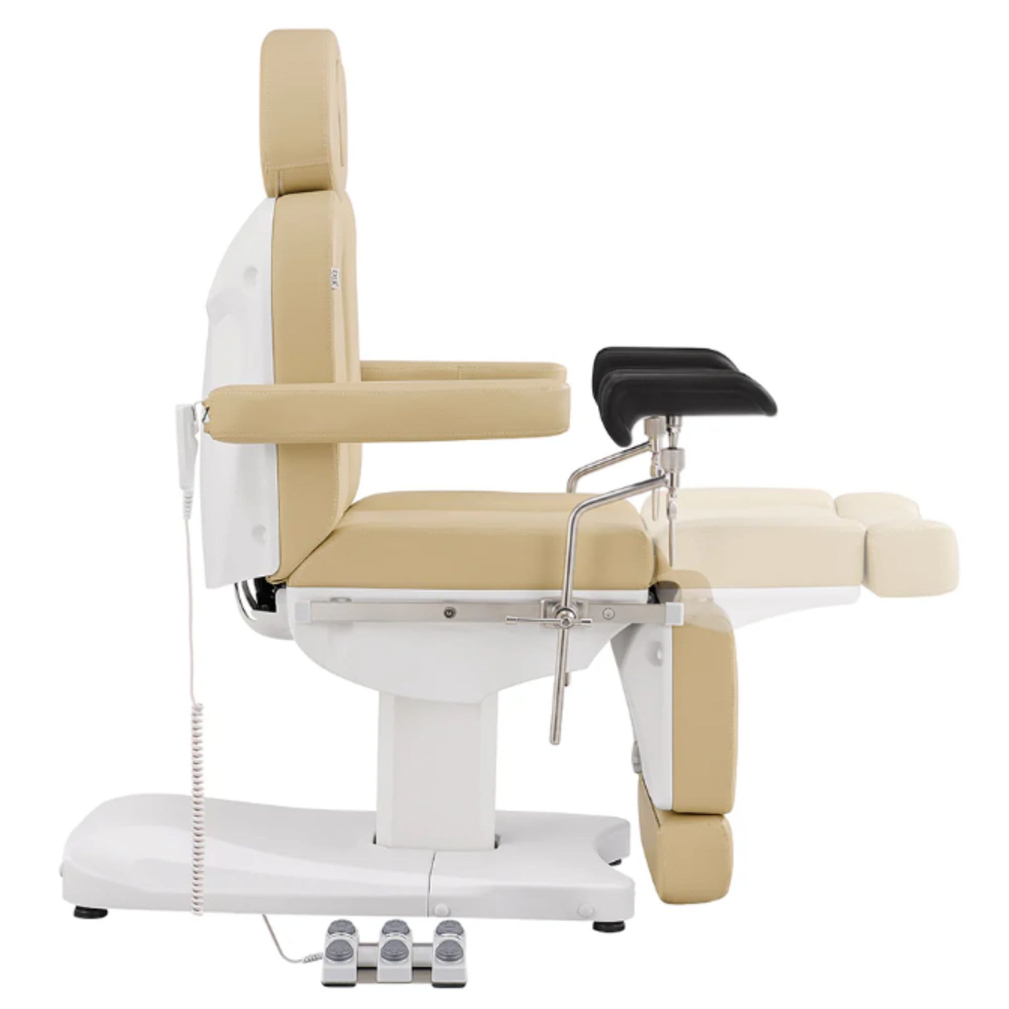 DIR Ink OB 3-Motors Gyno Chair with Stirrups - OB GYN Beige Side View With Pedal Control Showing Extendable Footrest Positions On White Background