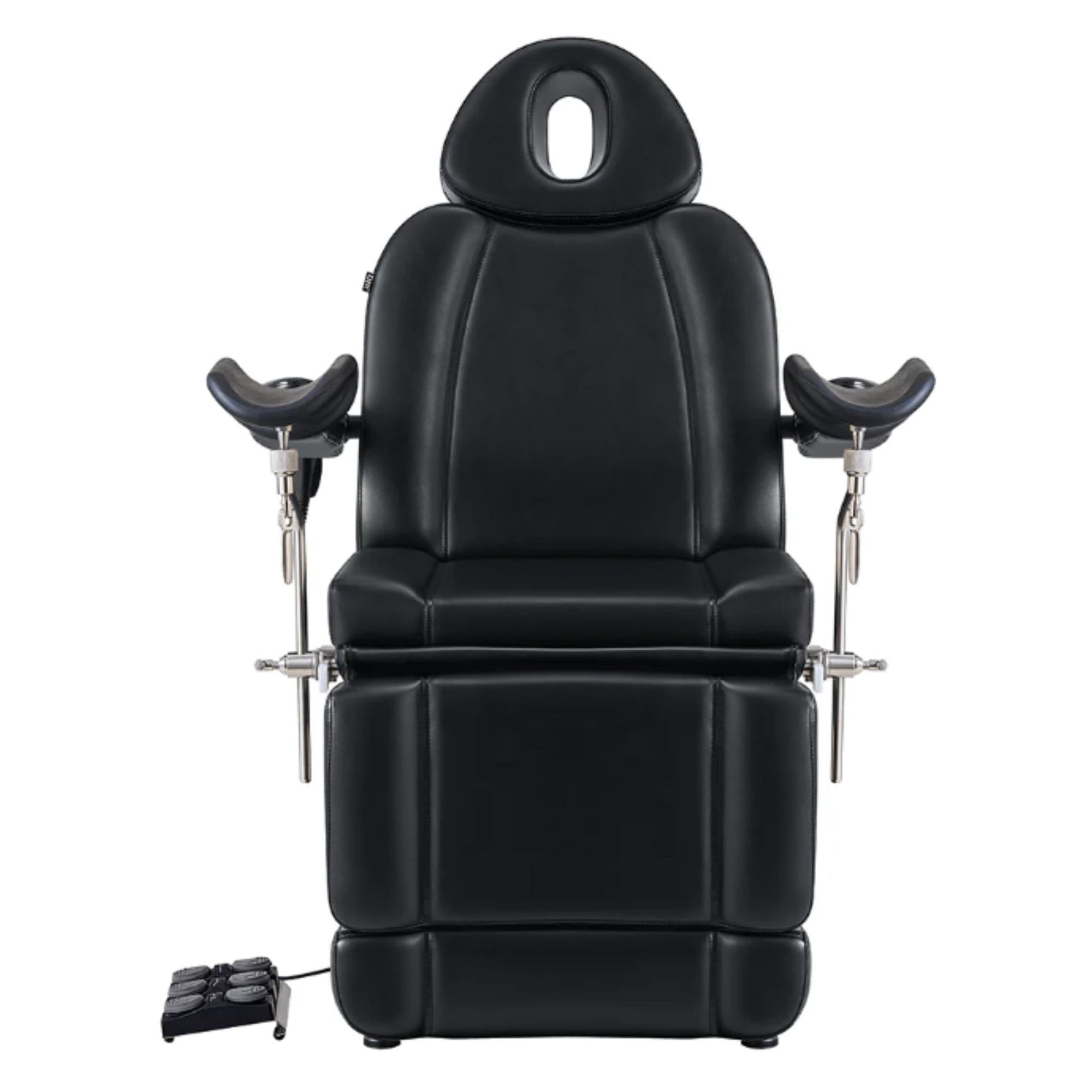 DIR Ink OB 3-Motors Gyno Chair with Stirrups - OB GYN Black Front View With Pedal Control On White Background