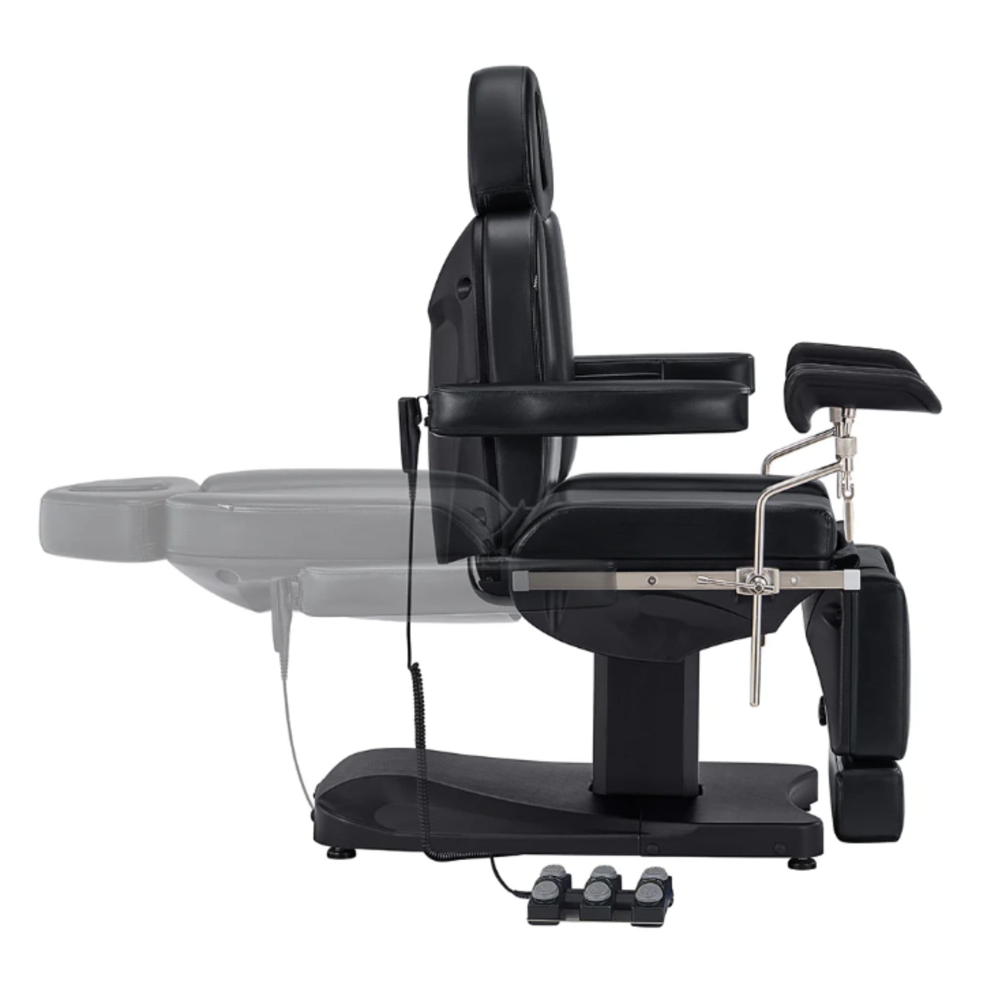 DIR Ink OB 3-Motors Gyno Chair with Stirrups - OB GYN Black Side View Demonstrating Recline Adjustment Range On White Background