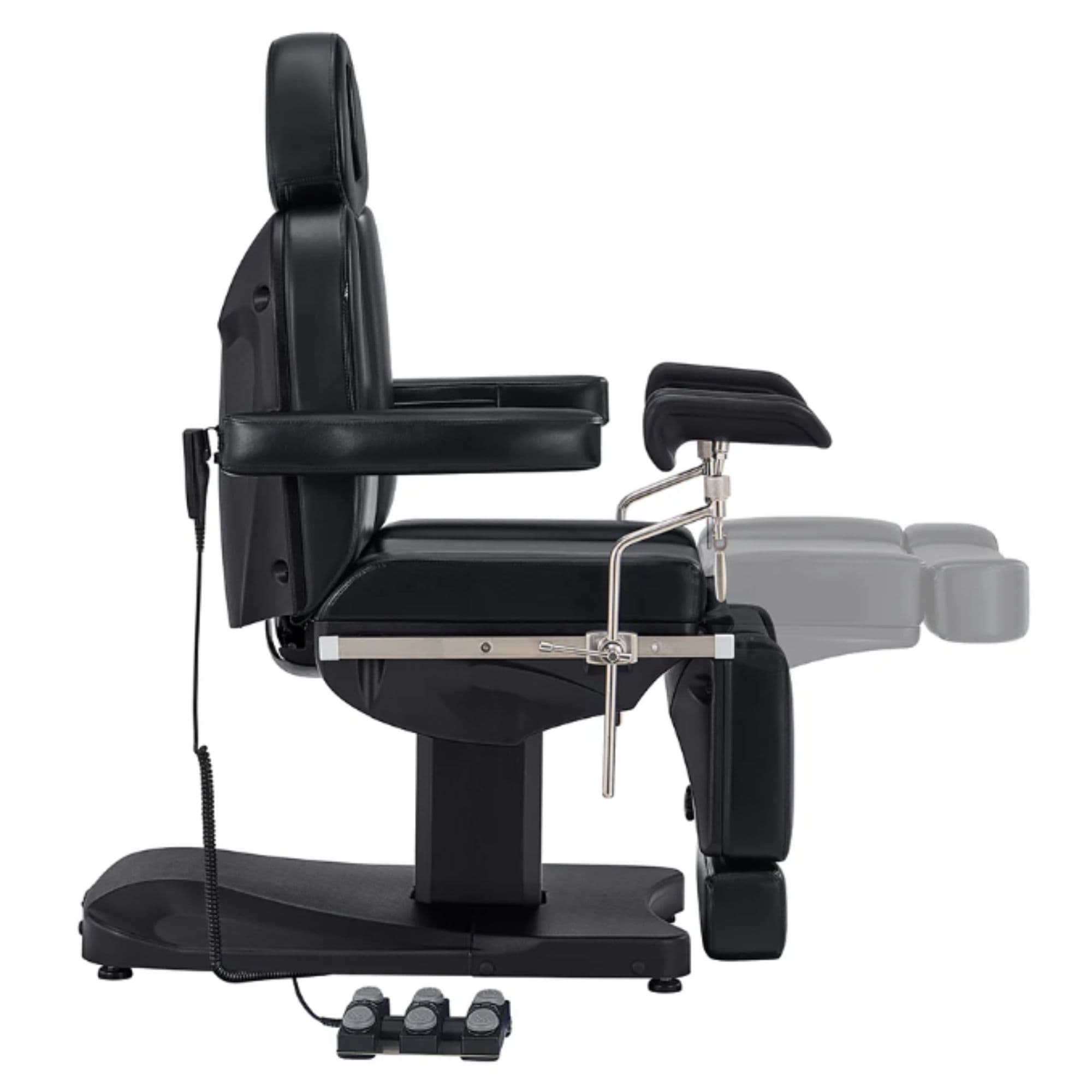 DIR Ink OB 3-Motors Gyno Chair with Stirrups - OB GYN Black Side View With Pedal Control Showing Extendable Footrest Positions On White Background