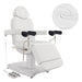 DIR Ink OB 3-Motors Gyno Chair with Stirrups - OB GYN Front Angled View Showing Textured White Upholstery Detail On White Background