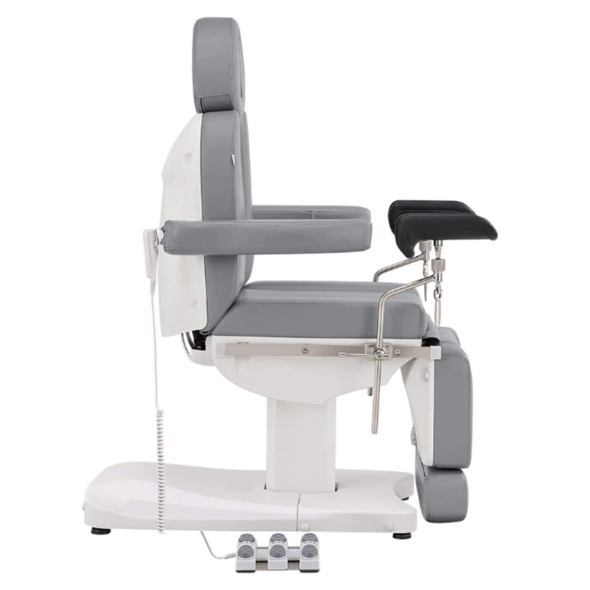 DIR Ink OB 3-Motors Gyno Chair with Stirrups - OB GYN Gray Side View With Pedal Control On White Background