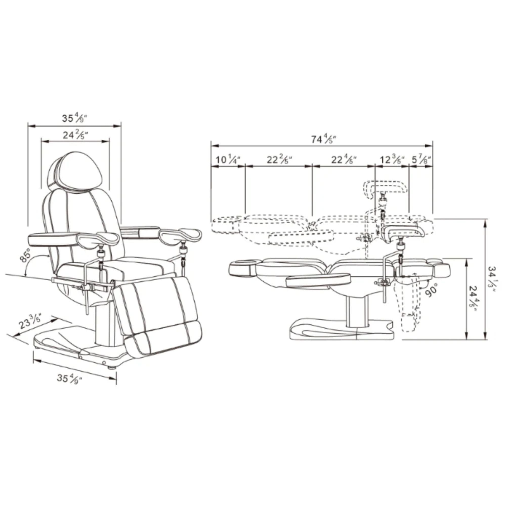 DIR Ink OB 3-Motors Gyno Chair with Stirrups - OB GYN Product Dimension Diagram