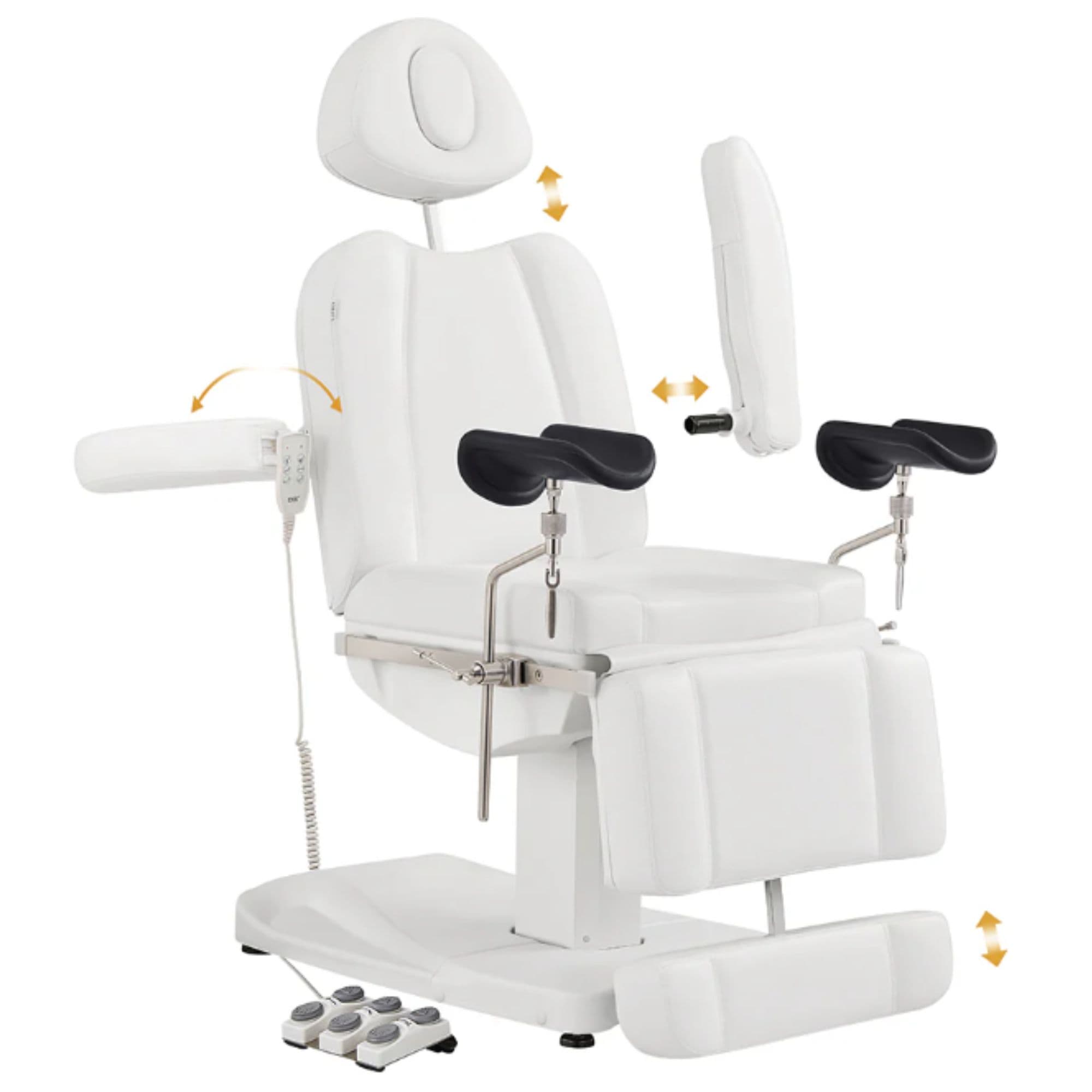 DIR Ink OB 3-Motors Gyno Chair with Stirrups - OB GYN White Front Angled View Demonstrating Adjustable Chair Features On White Background