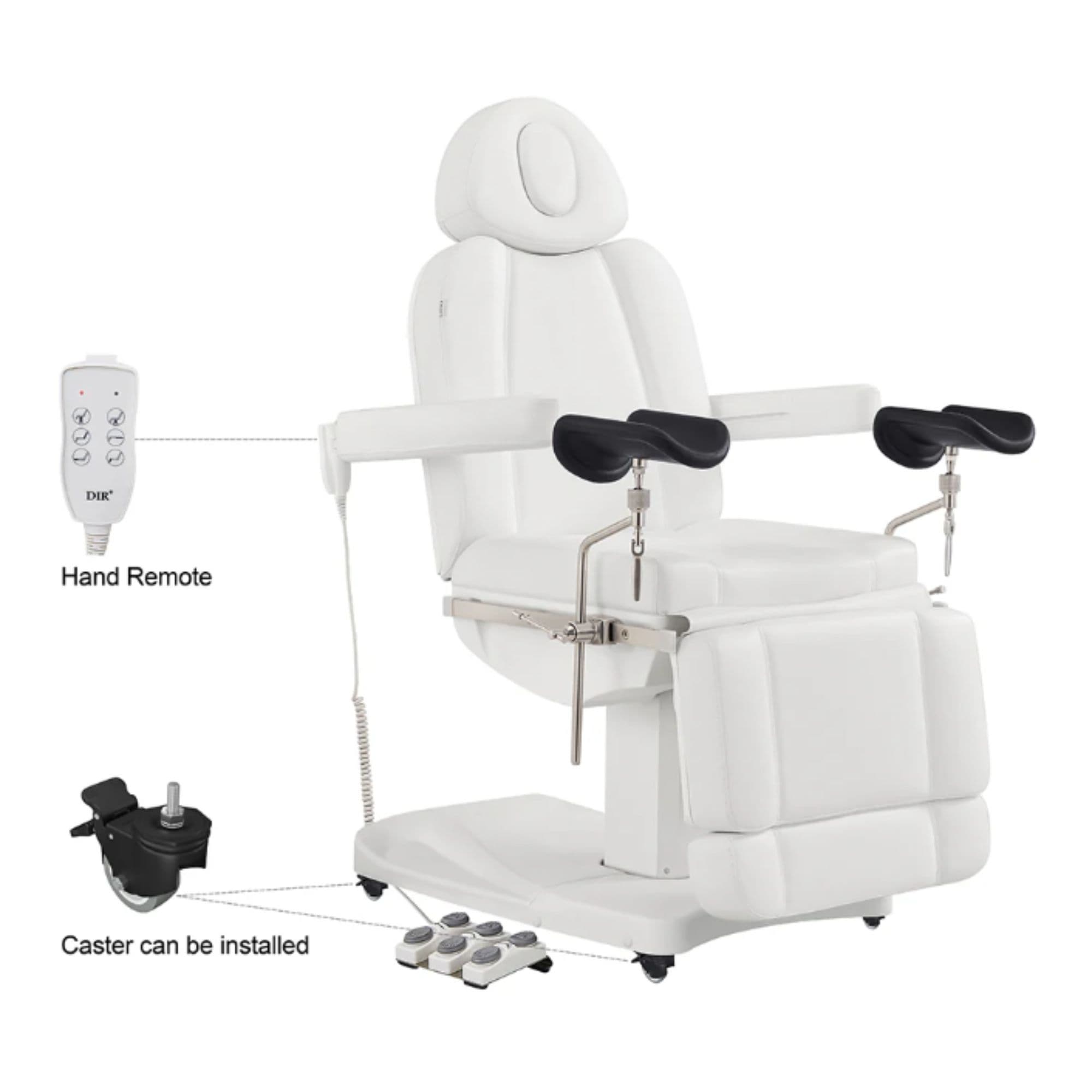 DIR Ink OB 3-Motors Gyno Chair with Stirrups - OB GYN White Side View With Close-up View Of Remote Control And Caster On White Background