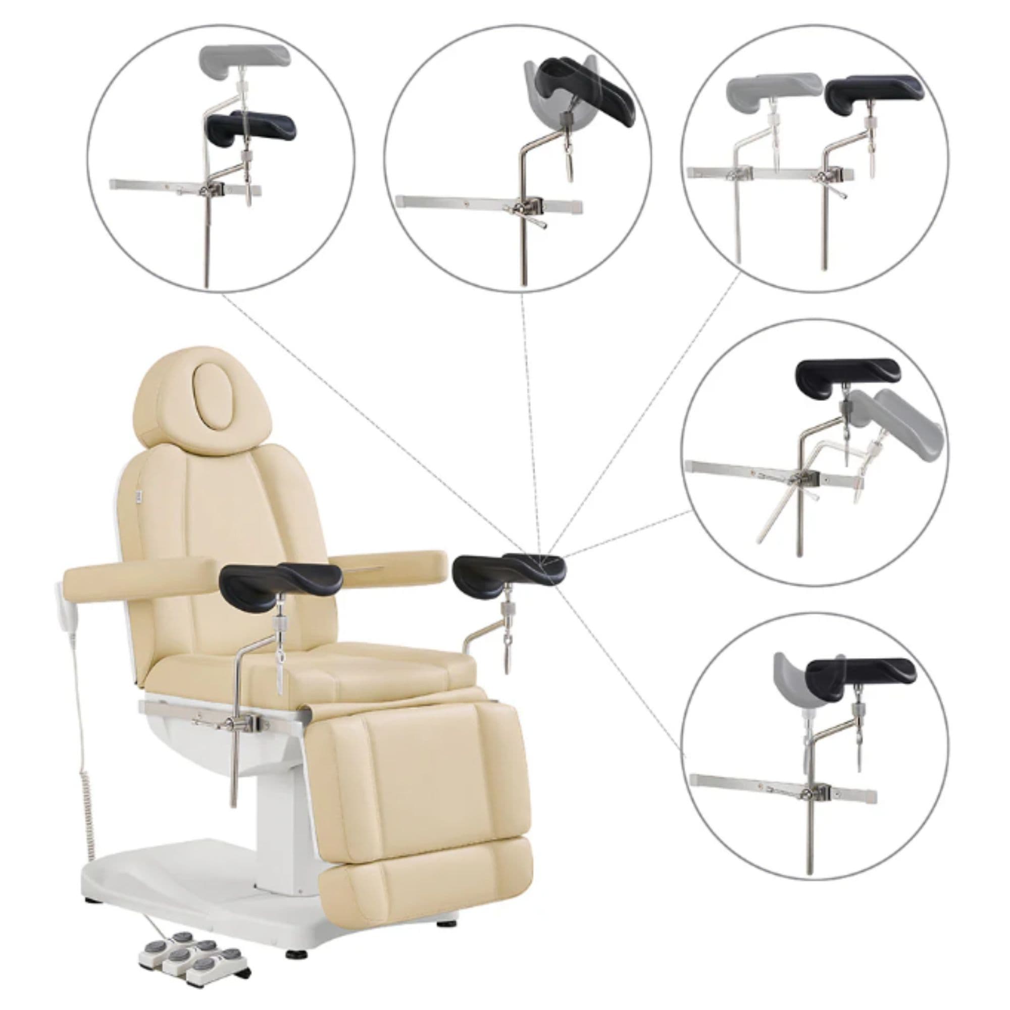 DIR Ink OB 3-Motors Gyno Chair with Stirrups Beige Front Angled View Showing Adjustable Stirrup Functions And Positions On White Background
