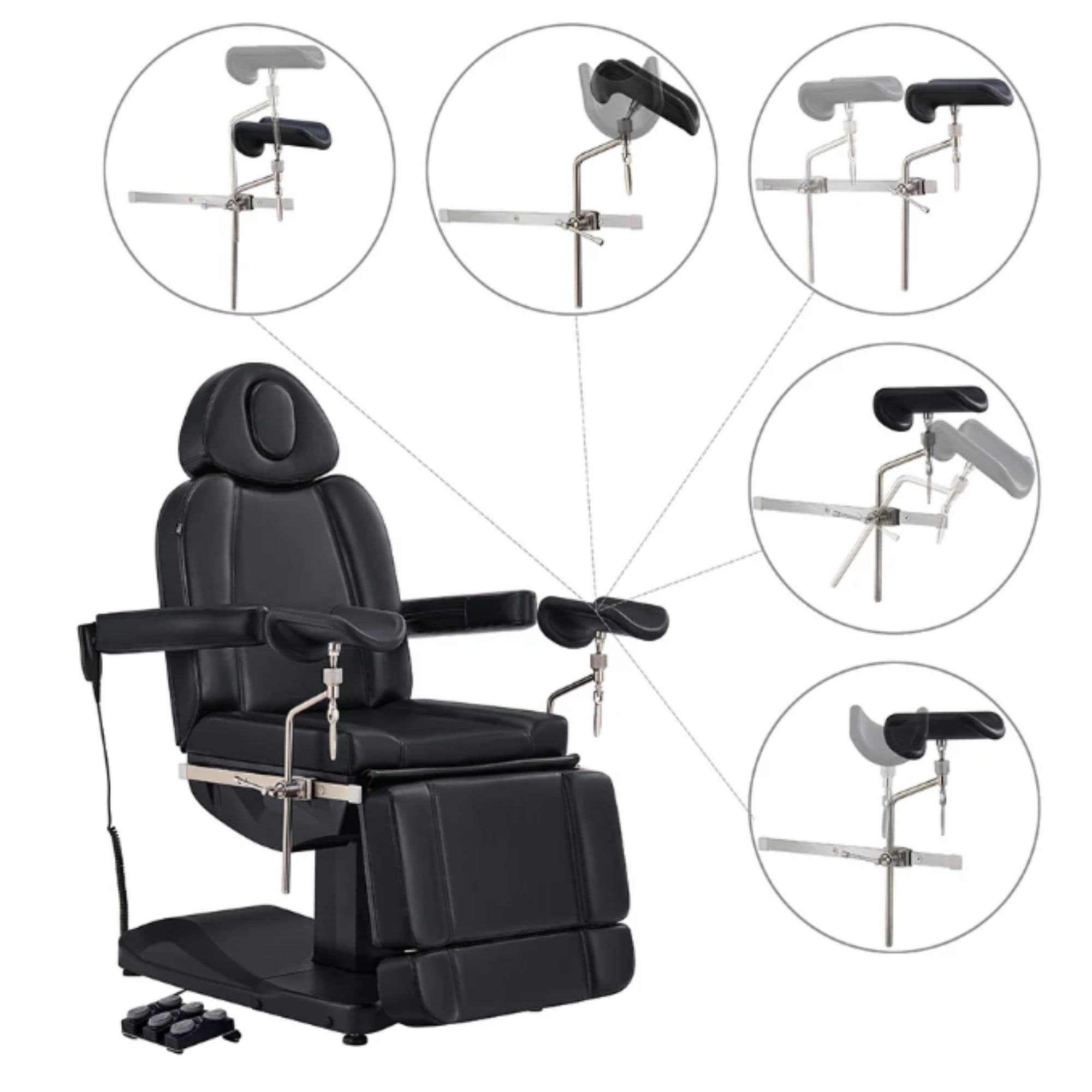 DIR Ink OB 3-Motors Gyno Chair with Stirrups Black Front Angled View Showing Adjustable Stirrup Functions And Positions On White Background