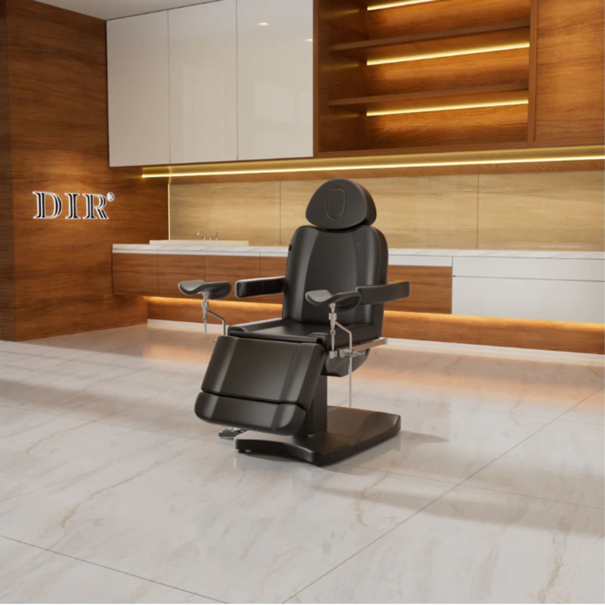 DIR Ink OB 3-Motors Gyno Chair with Stirrups With Wooden Textured Wall And Brand Name